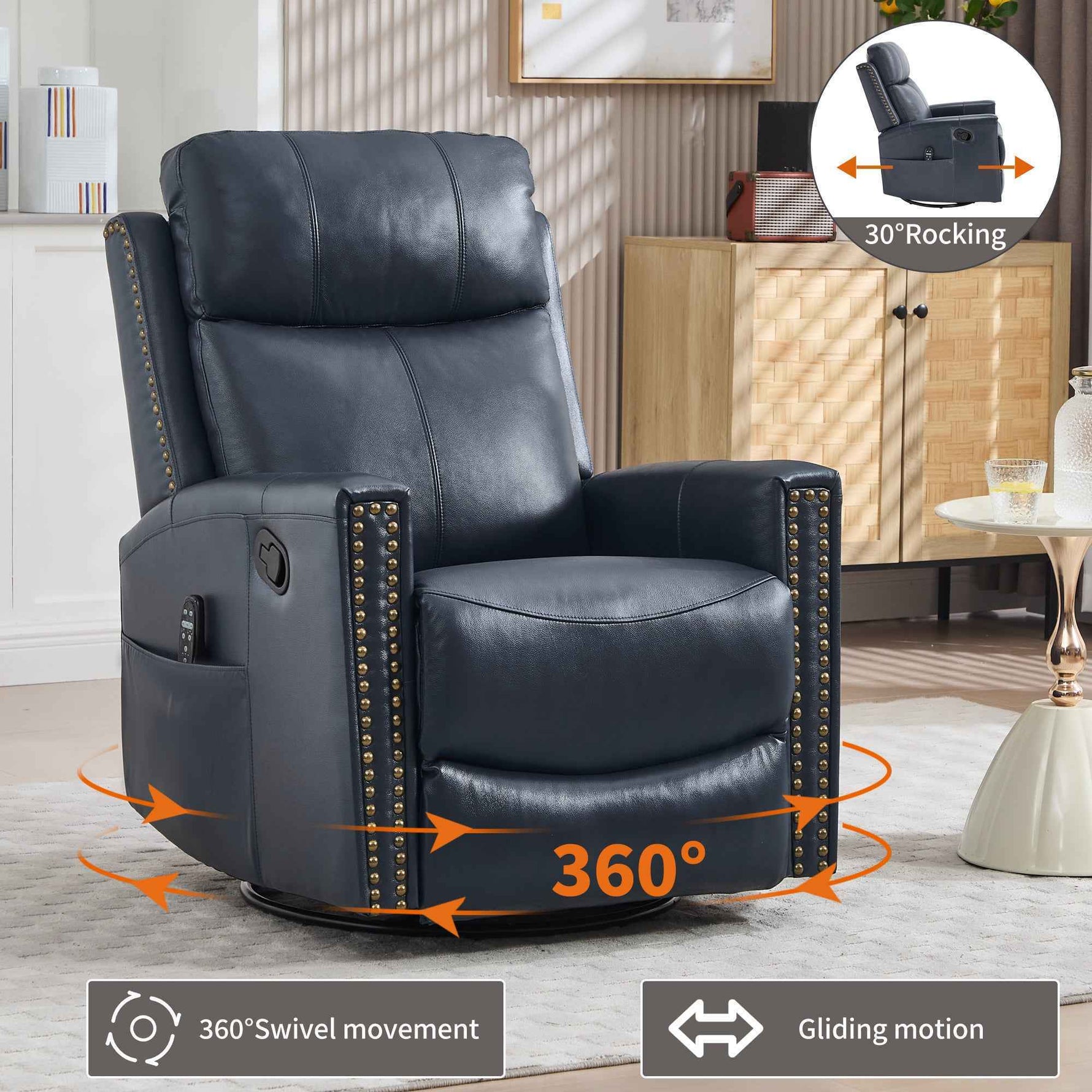 Genuine Leather Heat Massage Manual Recliner Chair with Rocker and Swivel for Living Room detail image 40
