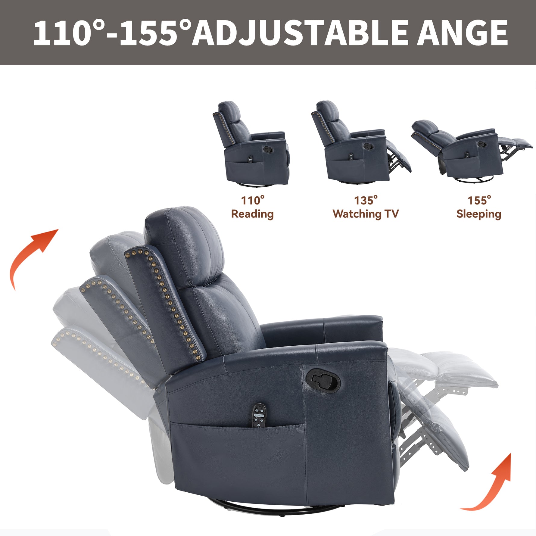 Genuine Leather Heat Massage Manual Recliner Chair with Rocker and Swivel for Living Room detail image 42