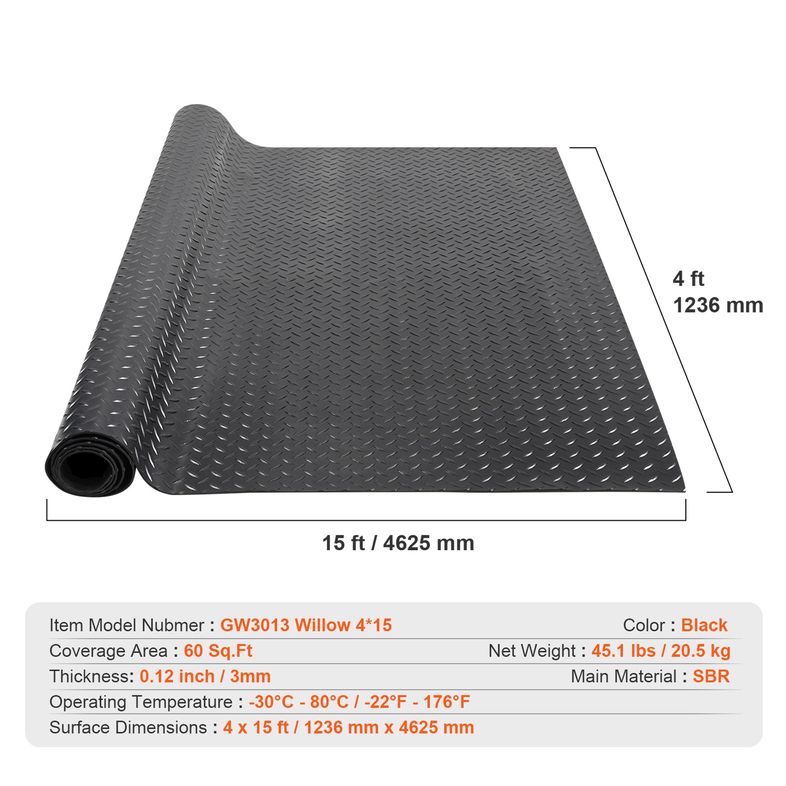 Diamond-Plate Rubber Flooring Roll, 3 mm x 4 ft x 15 ft Garage Floor Mat for workshop, garage, storage, or utility use