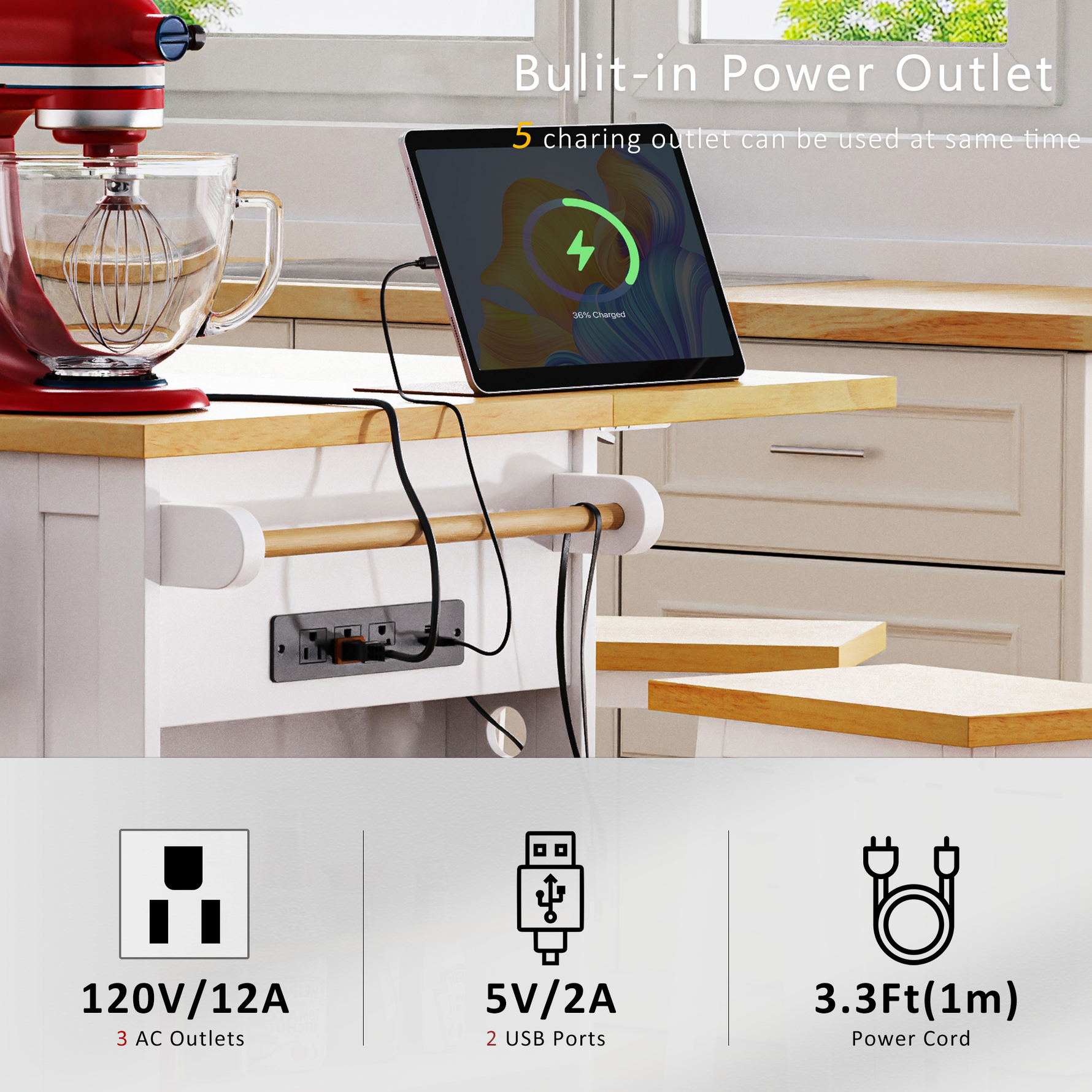 53 in. Farmhouse Kitchen Island with Power Outlet & Stools product view 29