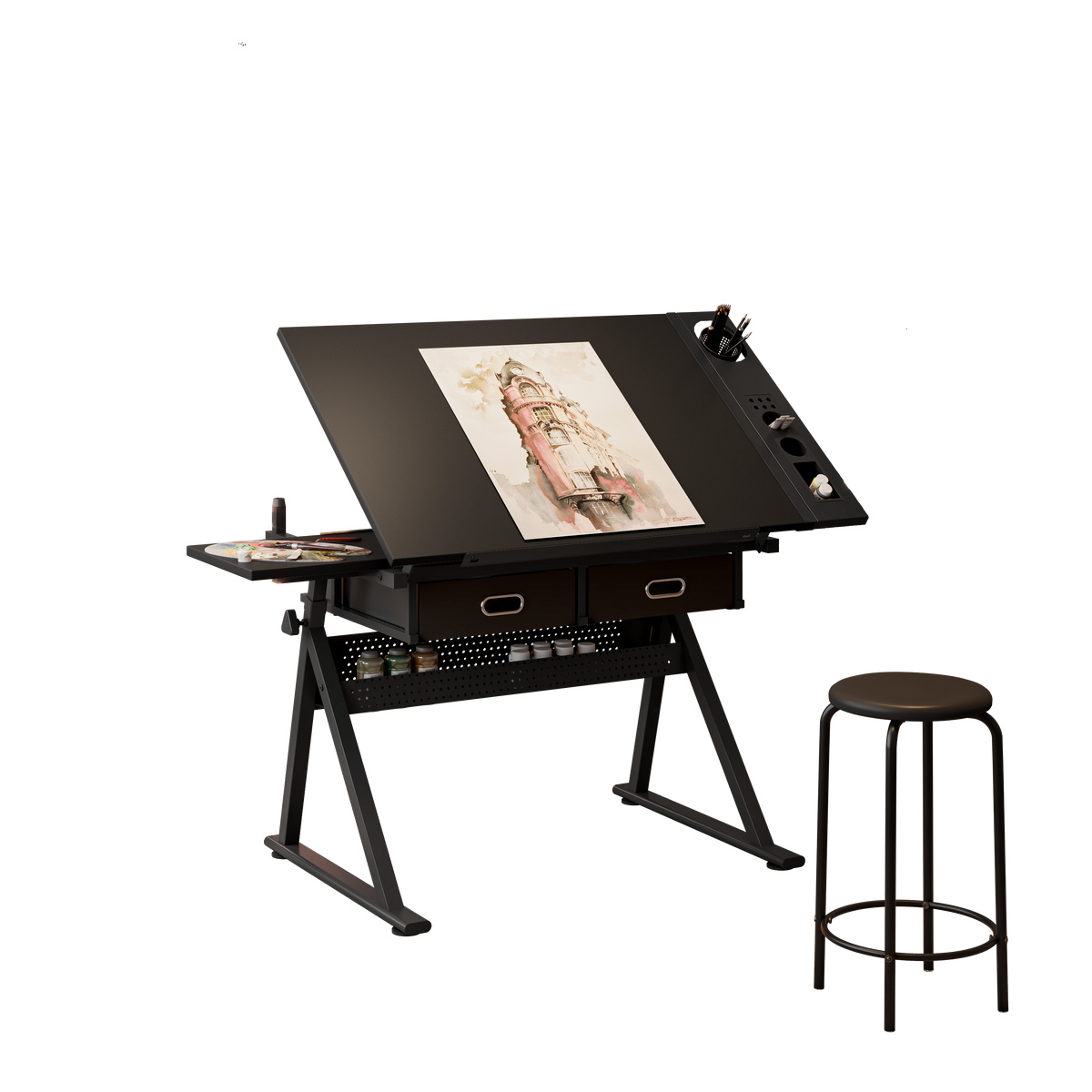 Hand Crank Adjustable Drafting Table with Drawers & Stool hobby and puzzle table