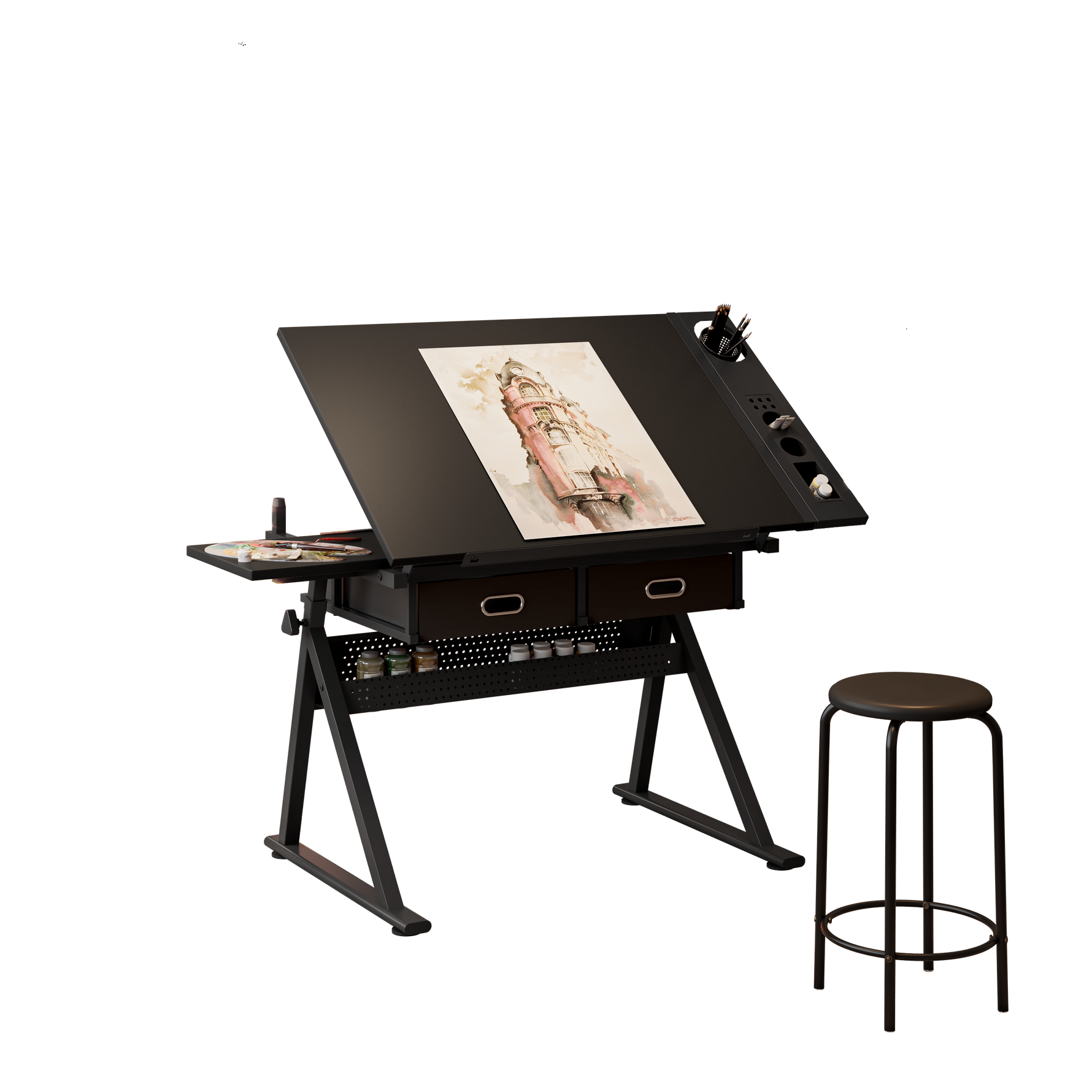 Hand Crank Adjustable Drafting Table with Drawers & Stool hobby and puzzle table
