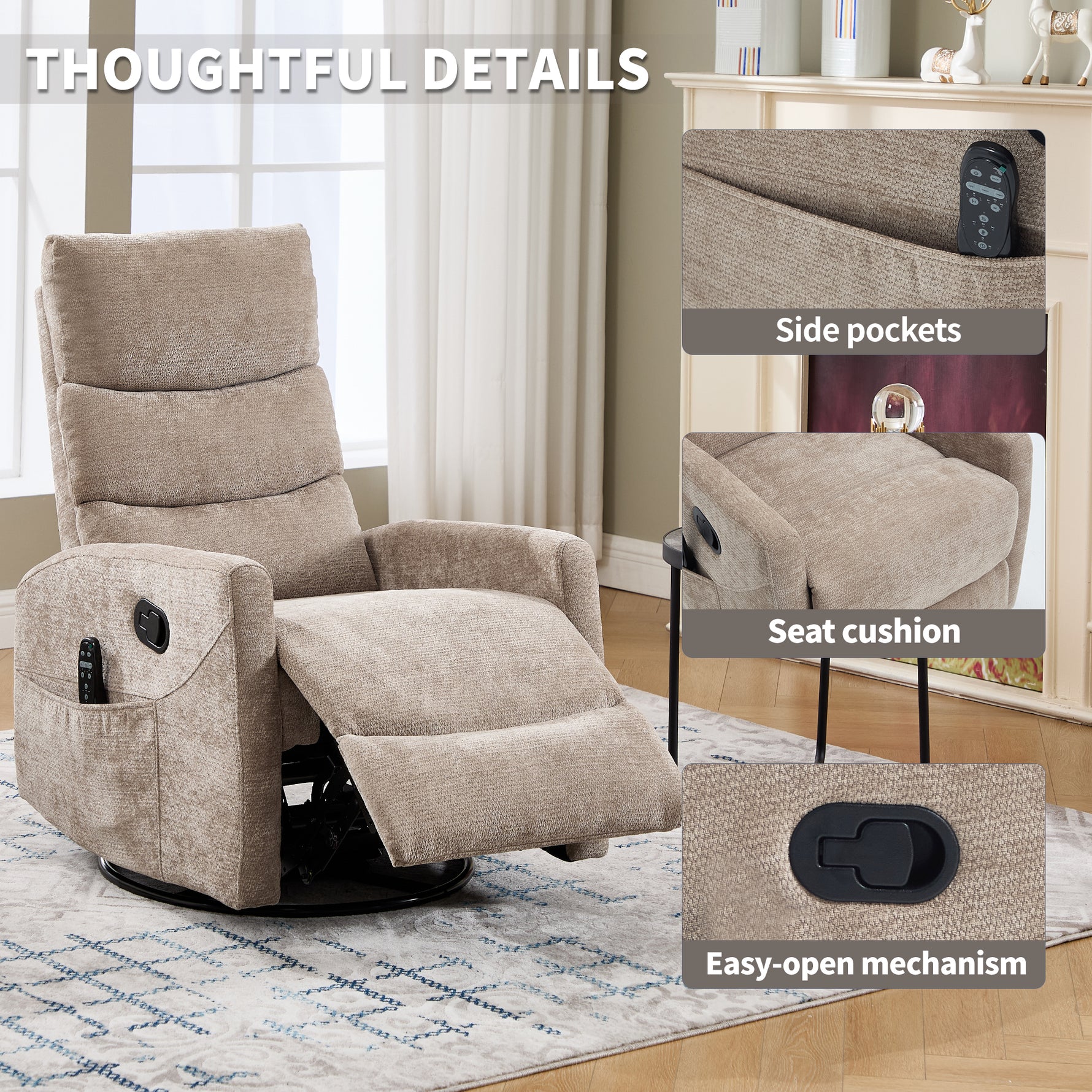 Heat Massage Manual Recliner Chair with Rocker and Swivel in Fabric for Living Room detail image 17