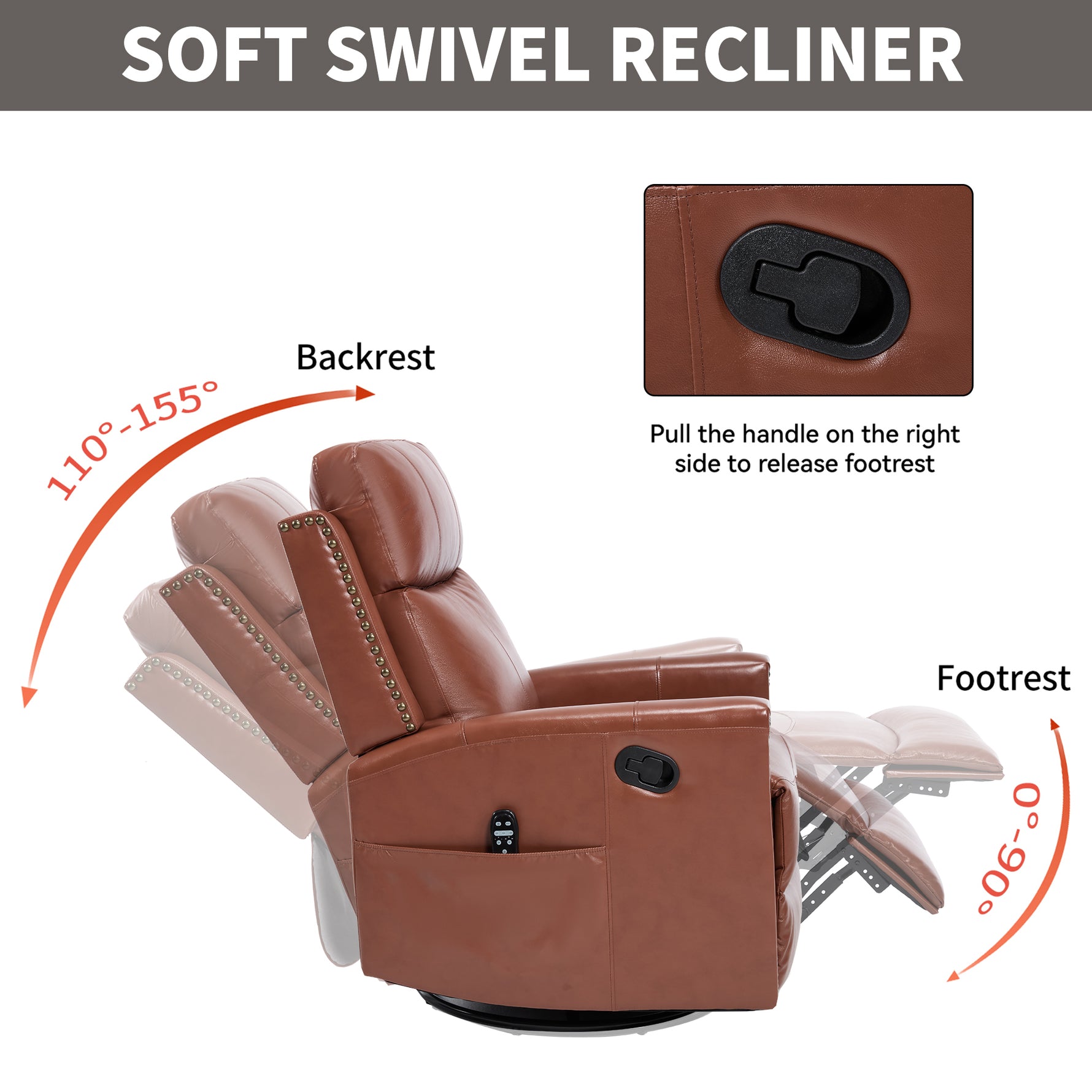 Genuine Leather Heat Massage Manual Recliner Chair with Rocker and Swivel for Living Room detail image 6