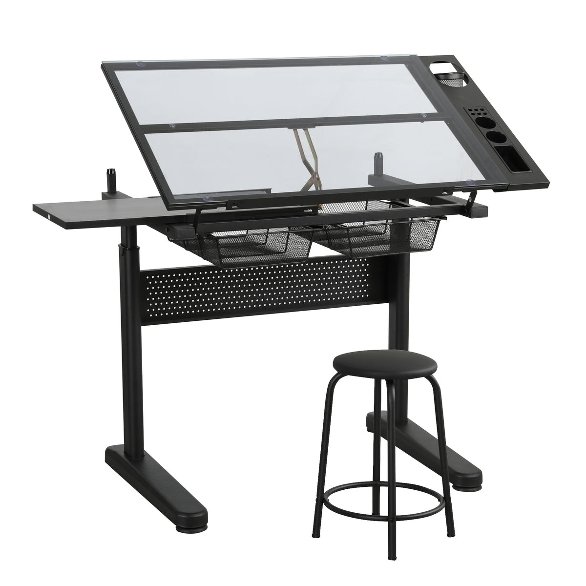 Hand Crank Adjustable Drafting Table with Drawers & Stool hobby and puzzle table