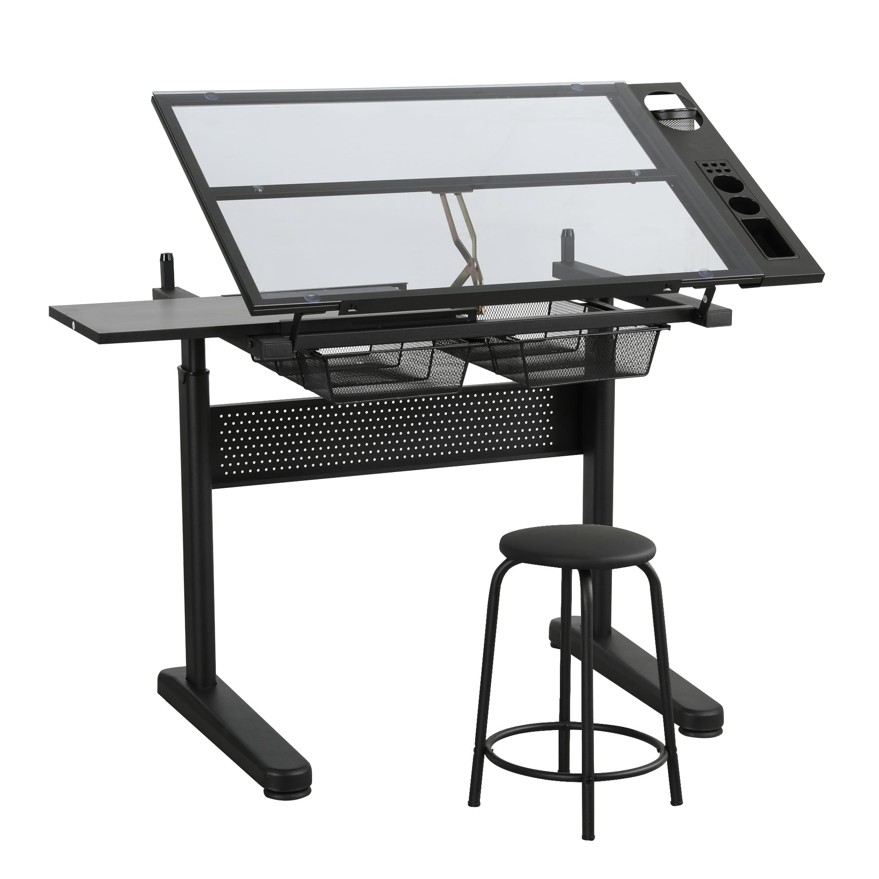 Hand Crank Adjustable Drafting Table with Drawers & Stool hobby and puzzle table