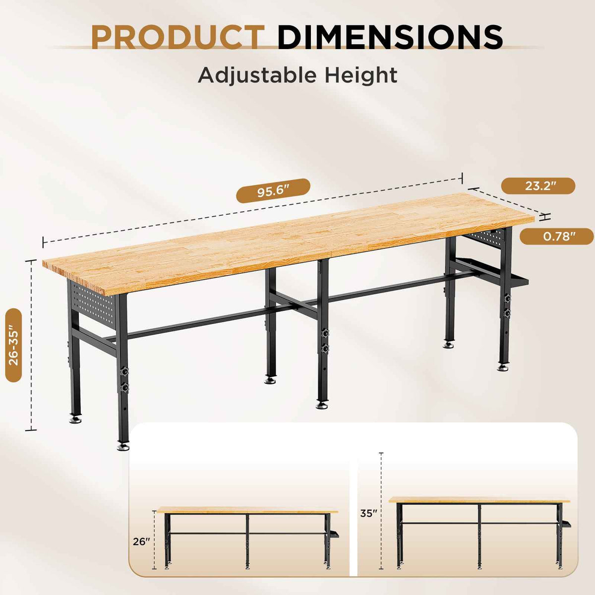 96" Adjustable Workbench with Pegboard & Power for workshop, garage, storage, or utility use