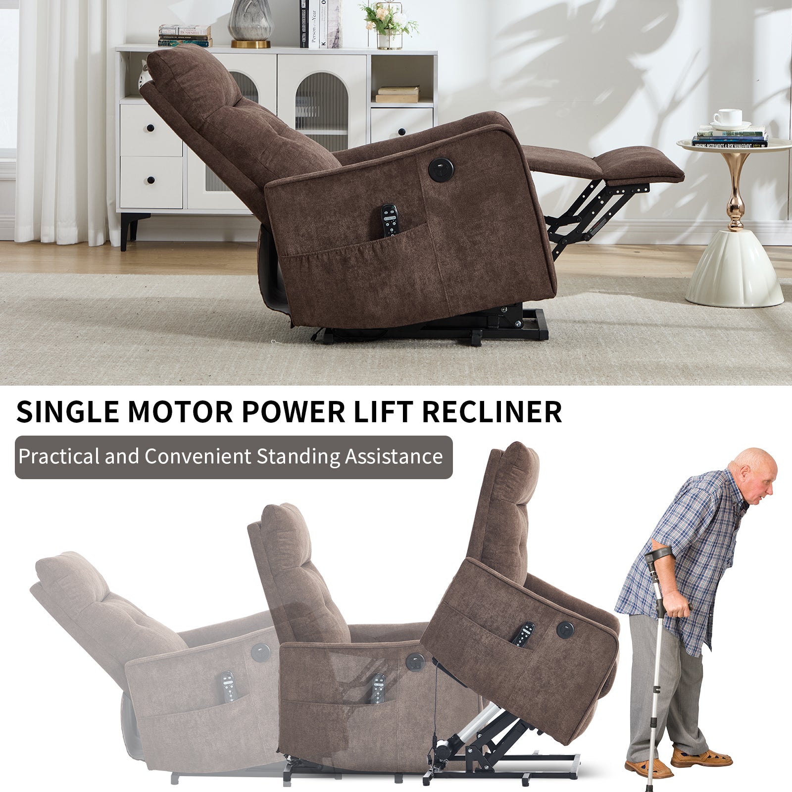 Chenille Single-Motor Power Lift Recliner with Massage & Heat detail image 27