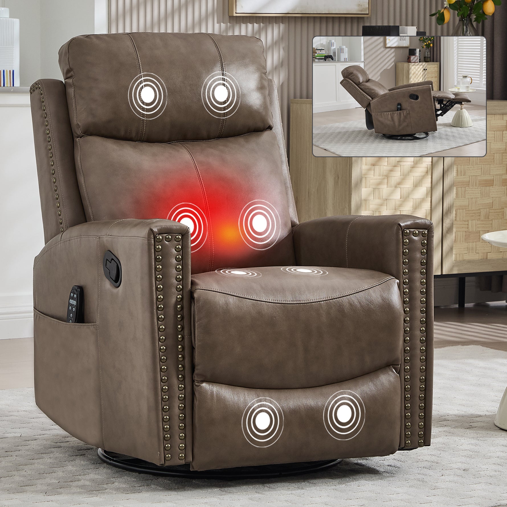 Genuine Leather Heat Massage Manual Recliner Chair with Rocker and Swivel for Living Room detail image 84