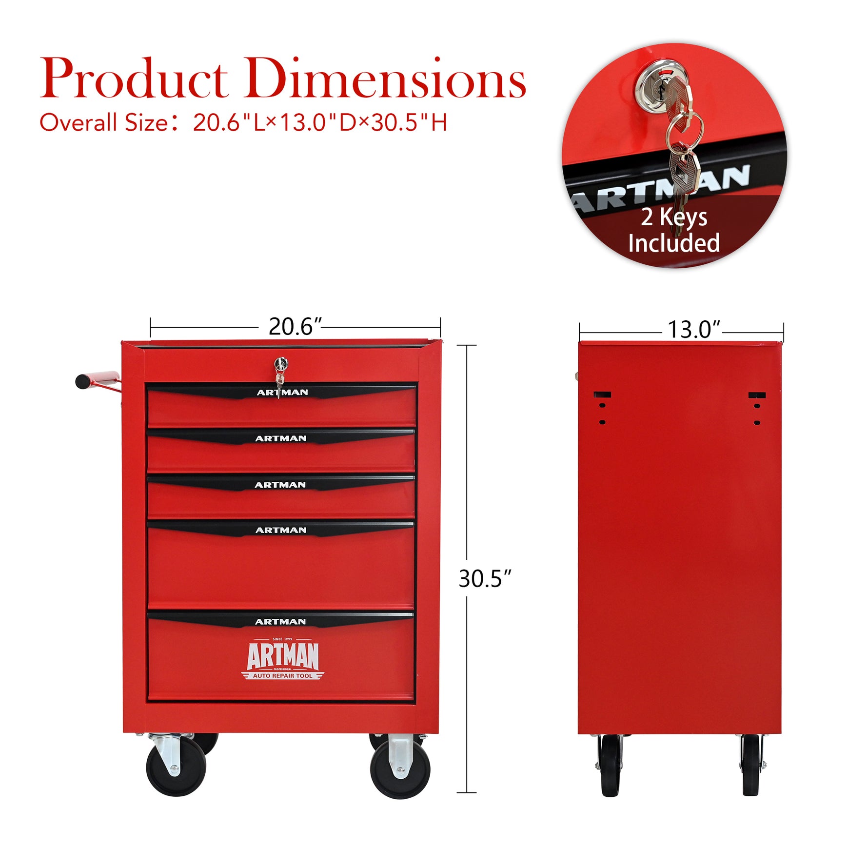 Rolling 5-Drawer Steel Tool Chest with Stainless Steel Top for workshop, garage, storage, or utility use