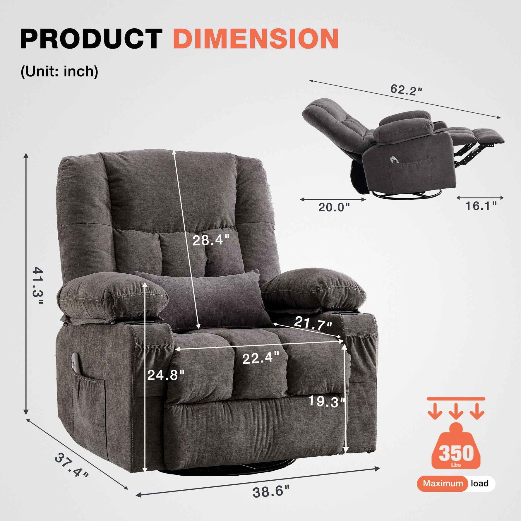 Massage Swivel Rocker Recliner with Vibration, Heat & Ergonomic Lounge Support detail image 19