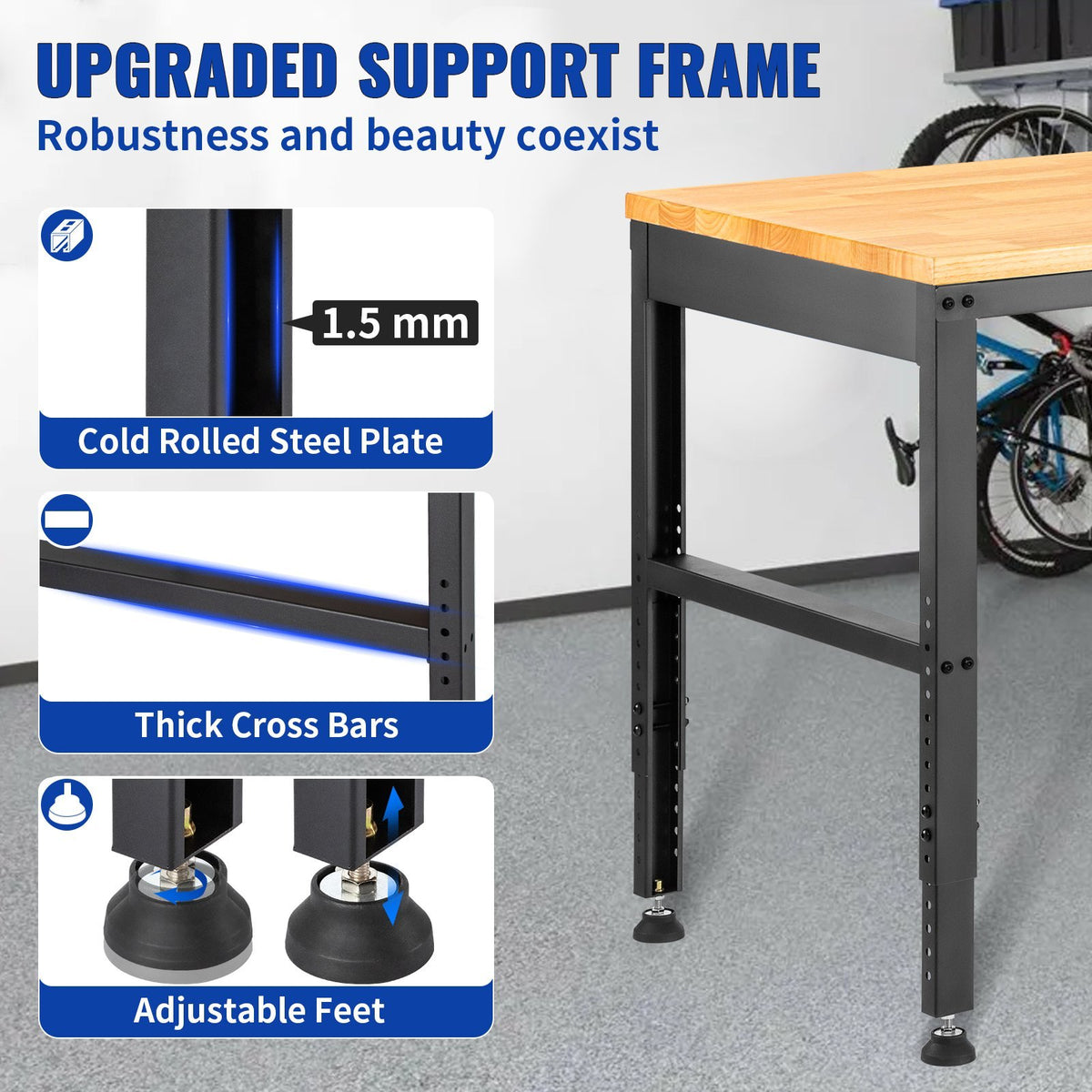 VEVOR Adjustable Height Hardwood Workbench with Power Outlets for workshop, garage, storage, or utility use