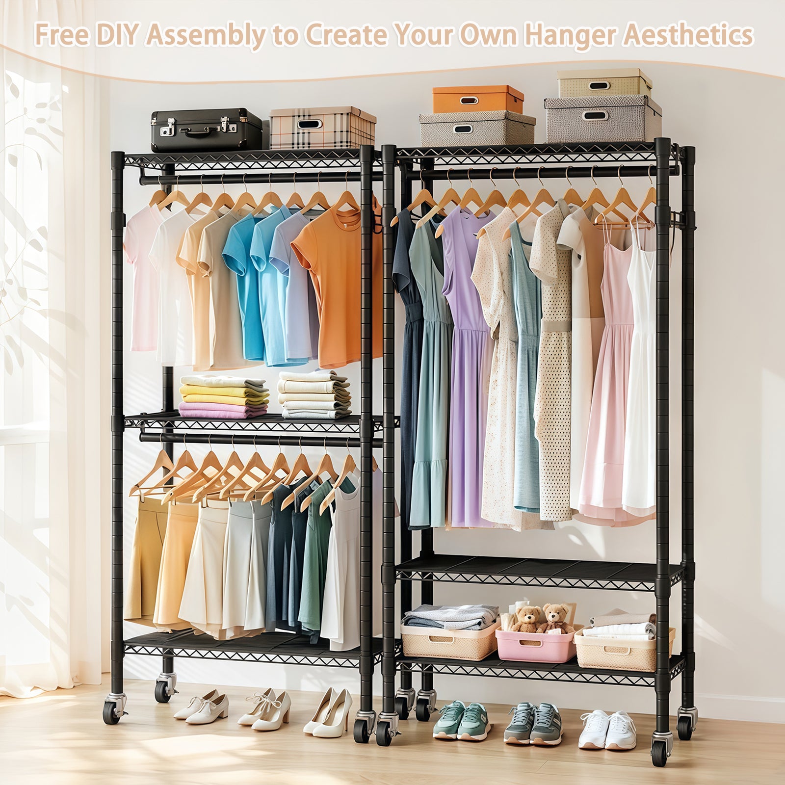 Heavy Duty Rolling Clothes Rack with 3 Tier Shelves, 2 Rails & Side Hooks for workshop, garage, storage, or utility use