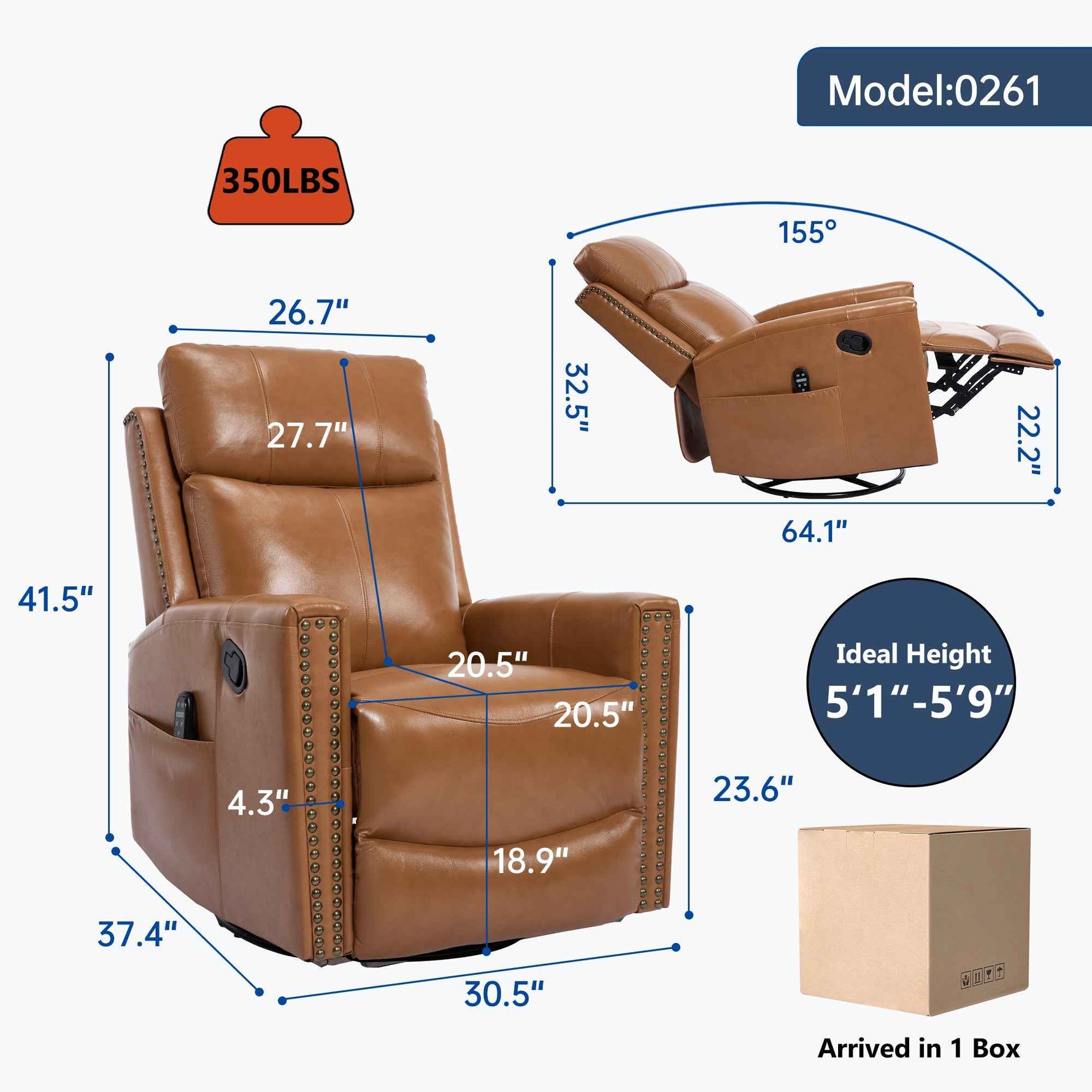 Genuine Leather Heat Massage Manual Recliner Chair with Rocker and Swivel for Living Room detail image 56