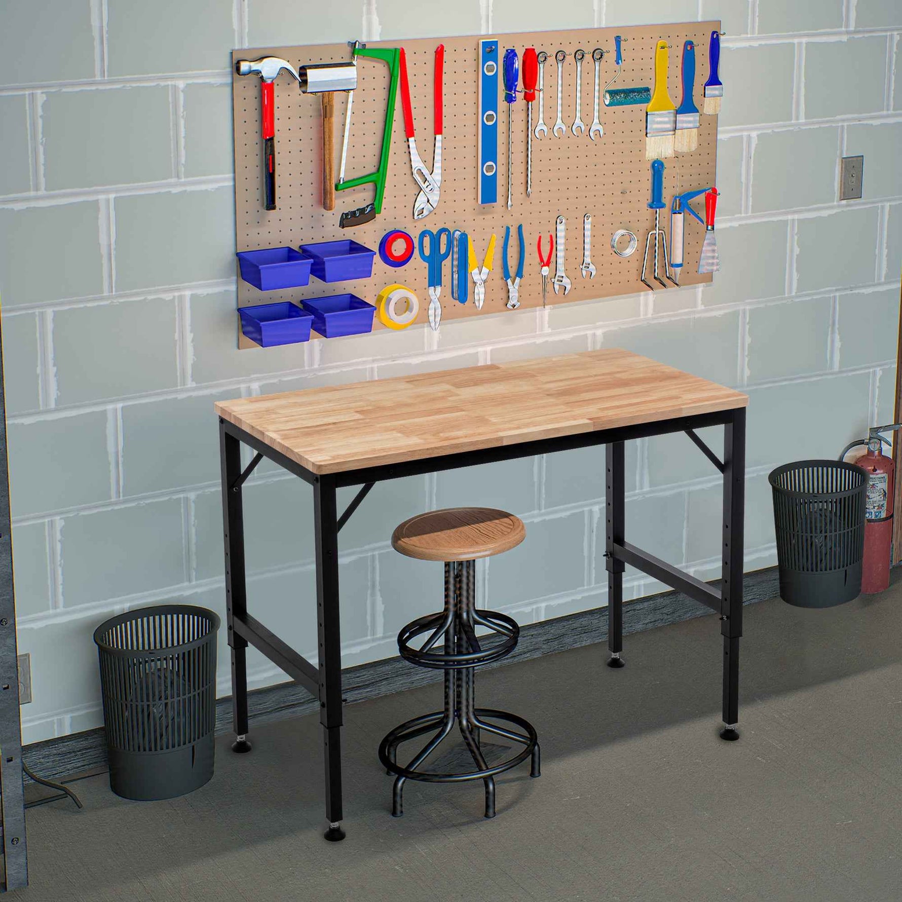 Adjustable Height Heavy-Duty Workbench, Rubber Wood Top Workstation with Power Outlets for workshop, garage, storage, or utility use