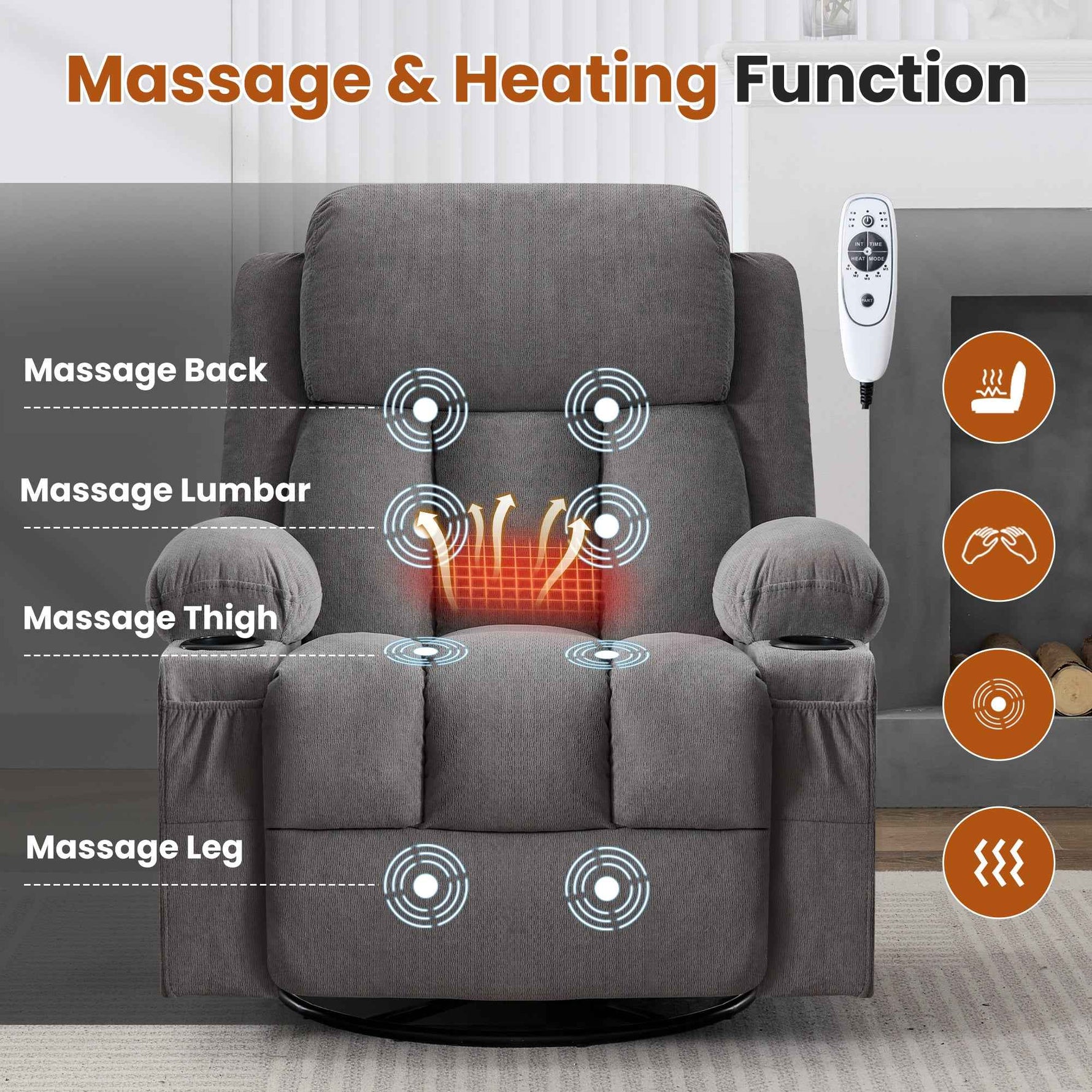 Swivel Rocker Recliner Chair with Vibration Massage, Heat, USB Port and Cup Holderrs detail image 28