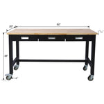 60" Rolling Bamboo Workbench with Drawer Storage for workshop, garage, storage, or utility use