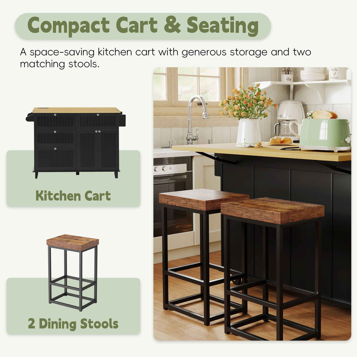 Farmhouse Kitchen Island with Drop Leaf, Power Outlet & 2 Seats product view 40