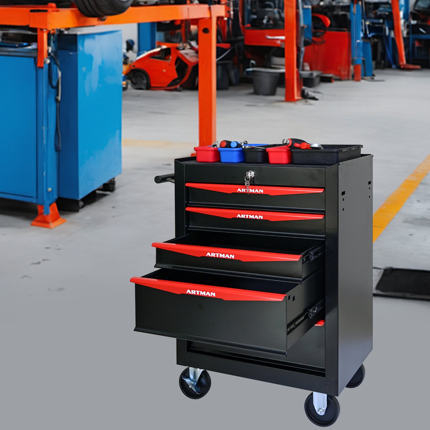 Rolling 5-Drawer Steel Tool Chest with Stainless Steel Top for workshop, garage, storage, or utility use