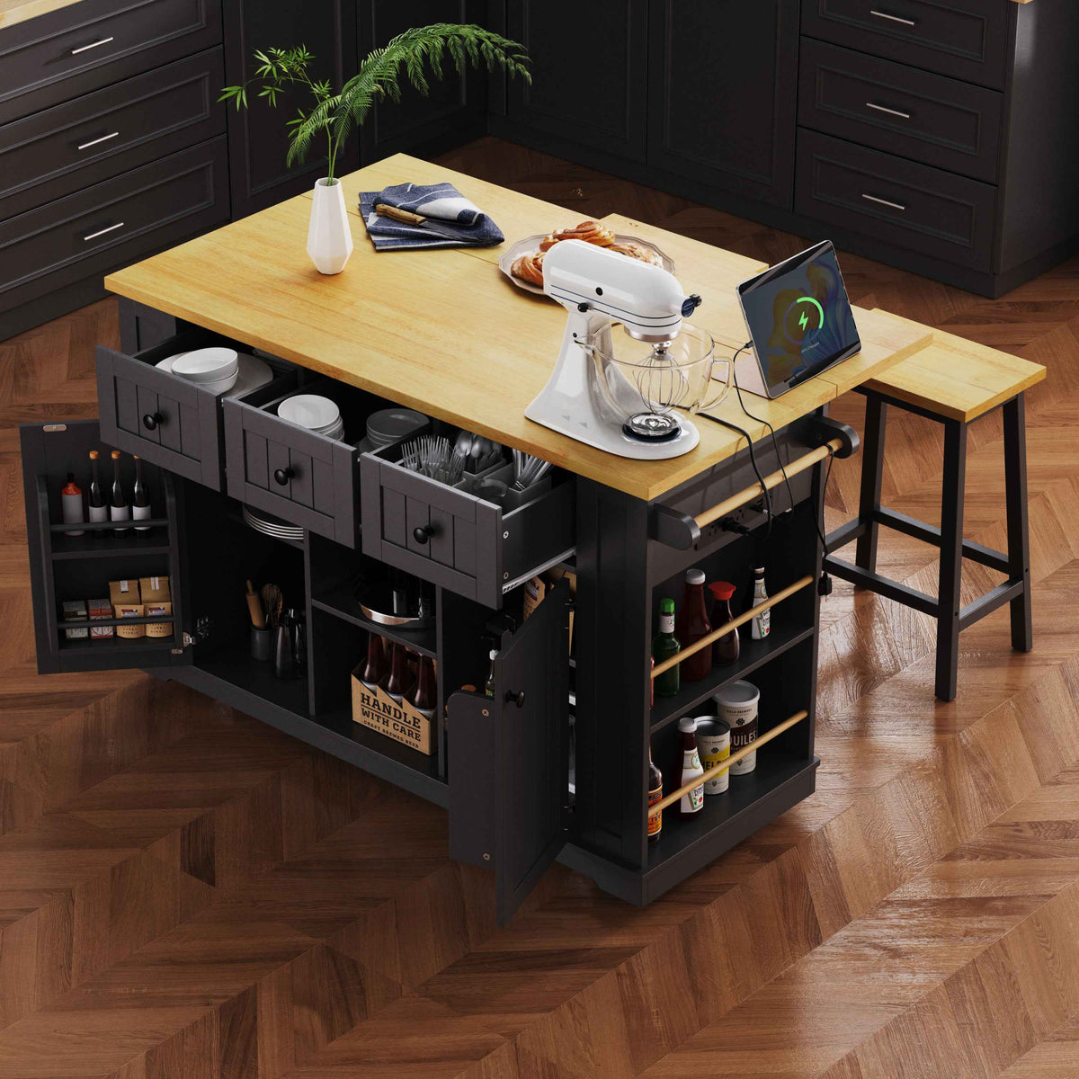 53 in. Farmhouse Kitchen Island with Power Outlet & Stools product view 101