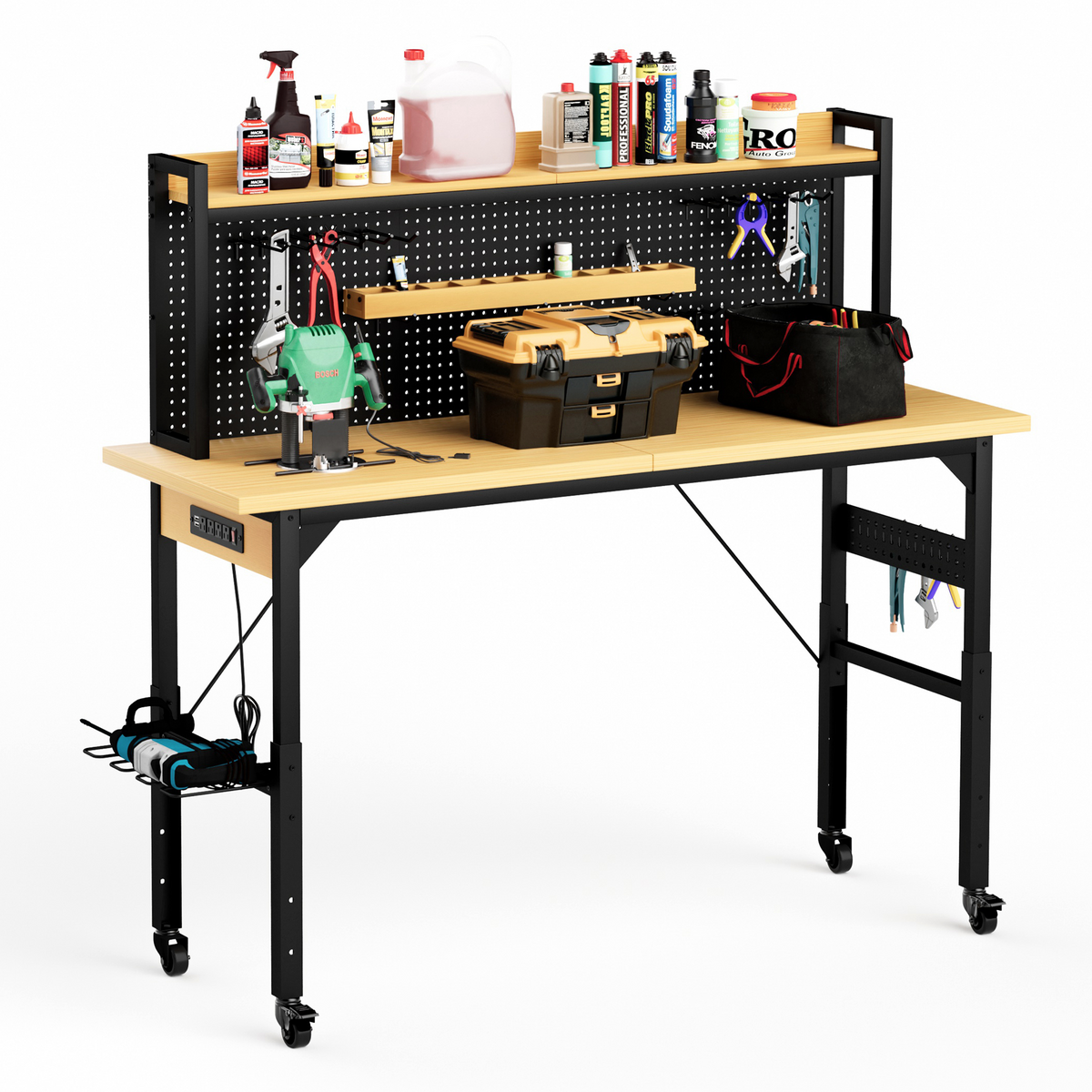 Heavy-Duty Adjustable Workbench with Pegboard & Wheels workshop project bench