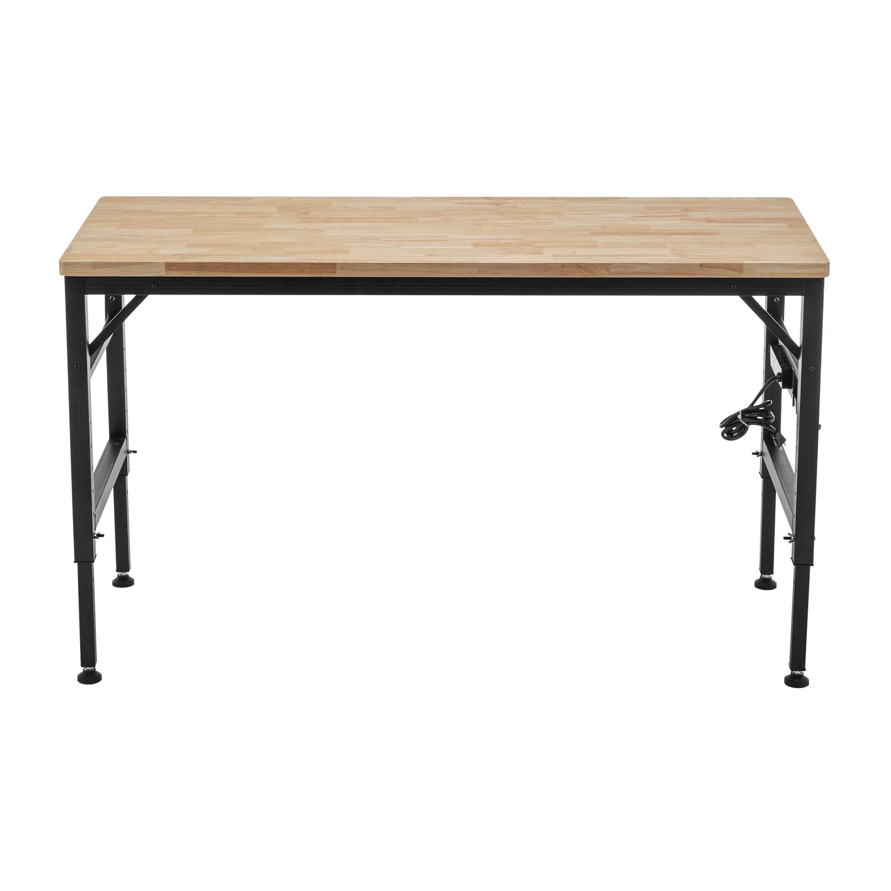Adjustable Height Heavy-Duty Workbench, Rubber Wood Top Workstation with Power Outlets for workshop, garage, storage, or utility use