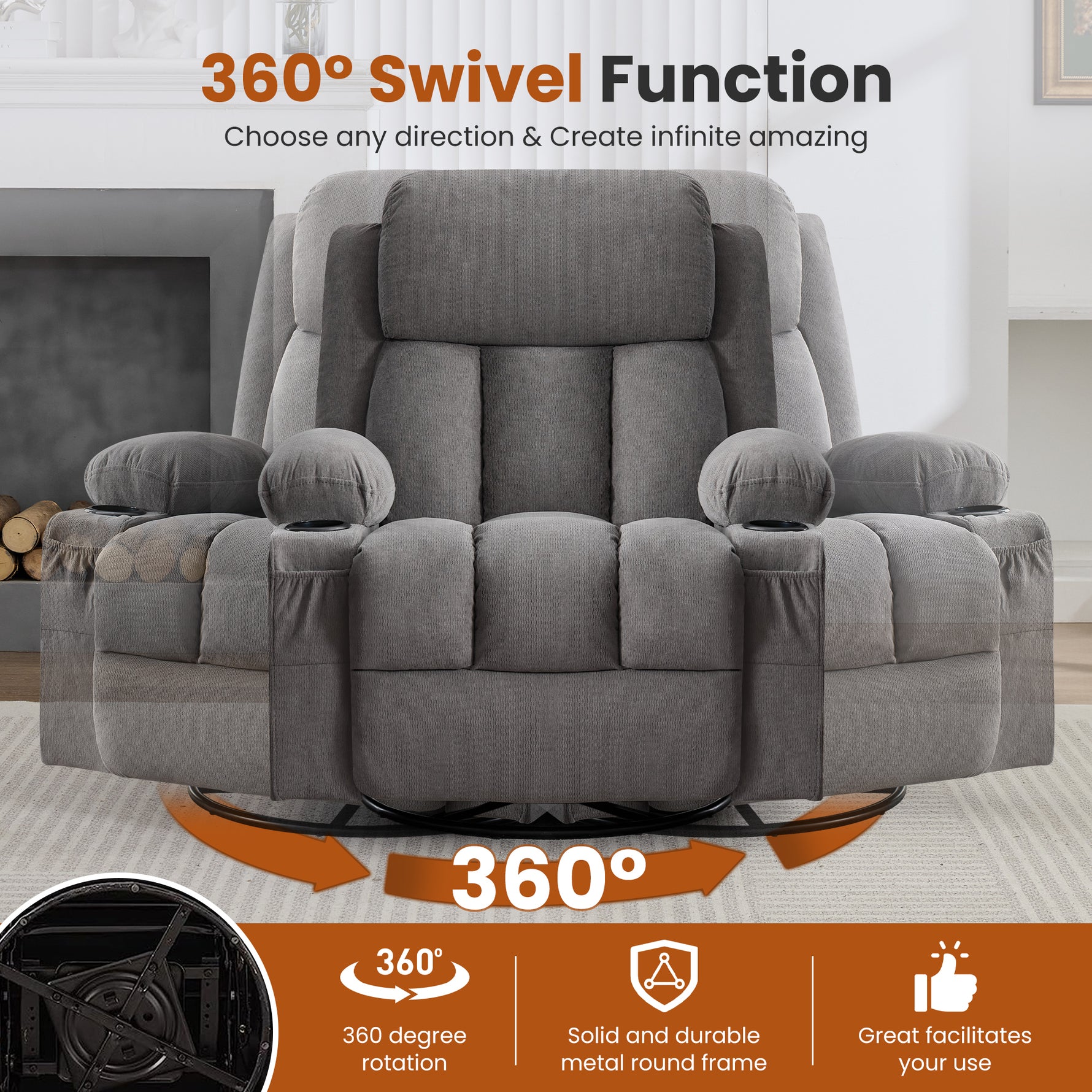 Swivel Rocker Recliner Chair with Vibration Massage, Heat, USB Port and Cup Holderrs detail image 31
