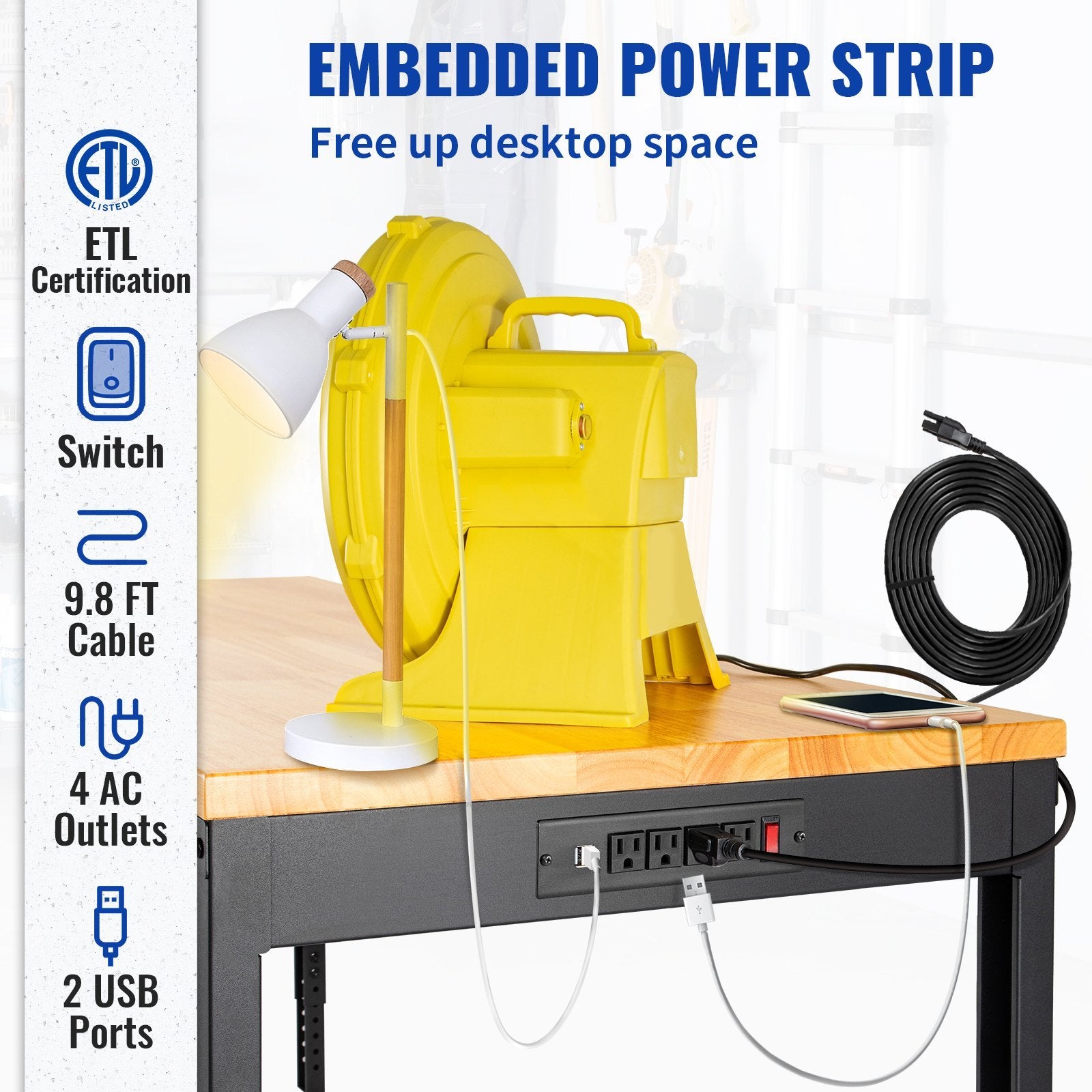 VEVOR Adjustable Height Hardwood Workbench with Power Outlets for workshop, garage, storage, or utility use