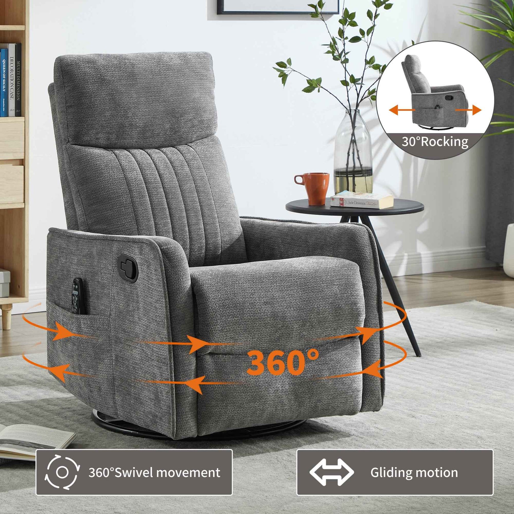 Heat Massage Manual Recliner Chair with Rocker and Swivel in Fabric for Living detail image 4