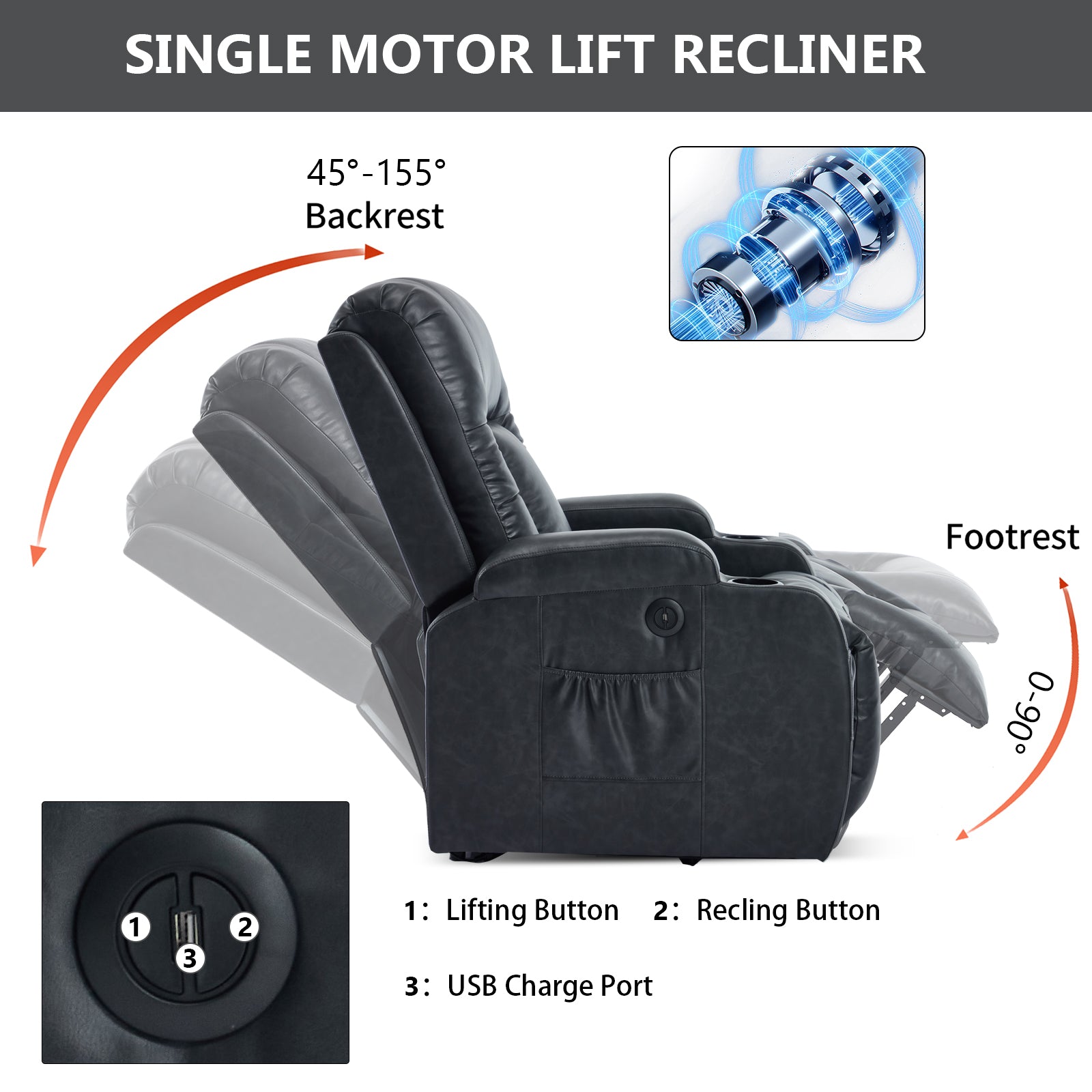 PU Infinite Position Up to 350 lb Single Motor Power Lift Recliner Chair detail image 40