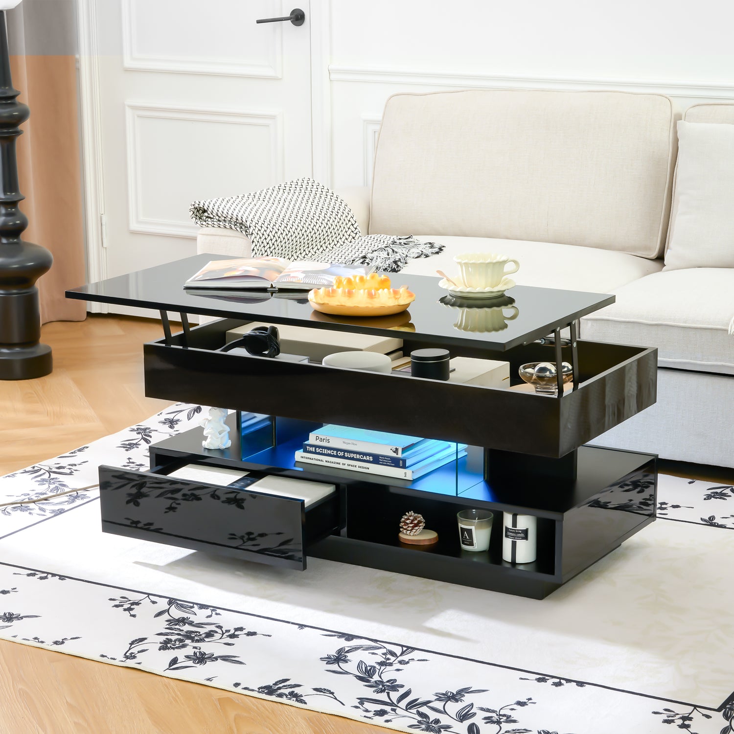 Lift-Top Coffee Table with Storage & LED Lights desktop storage organizer