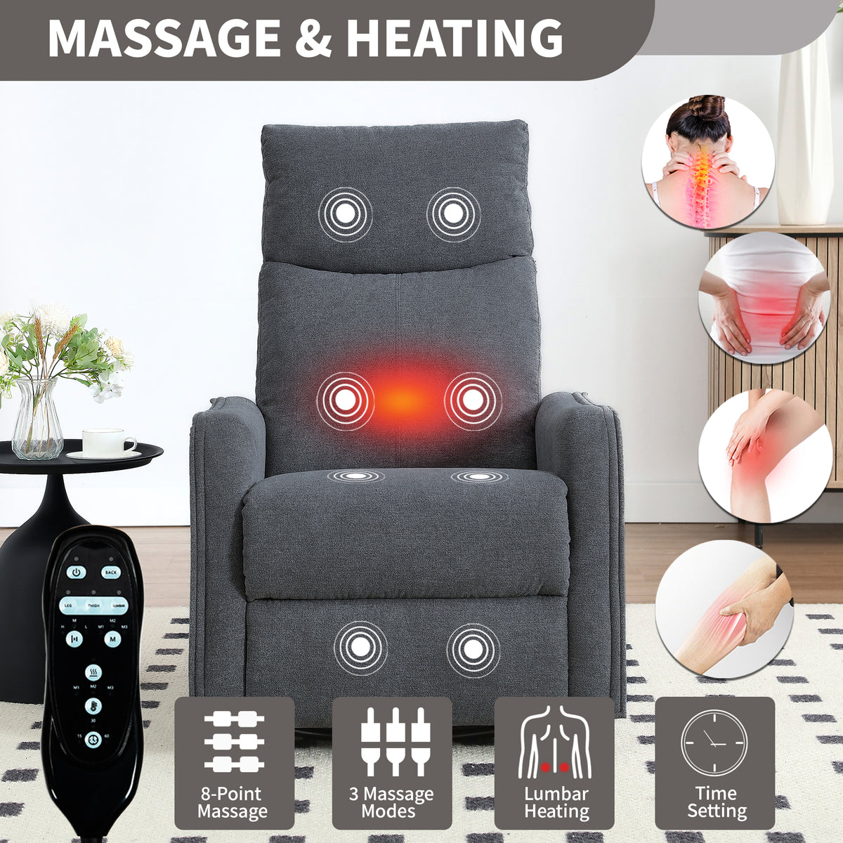 Heat Massage Manual Recliner Chair with Rocker and Swivel in Fabric for Living Room detail image 84