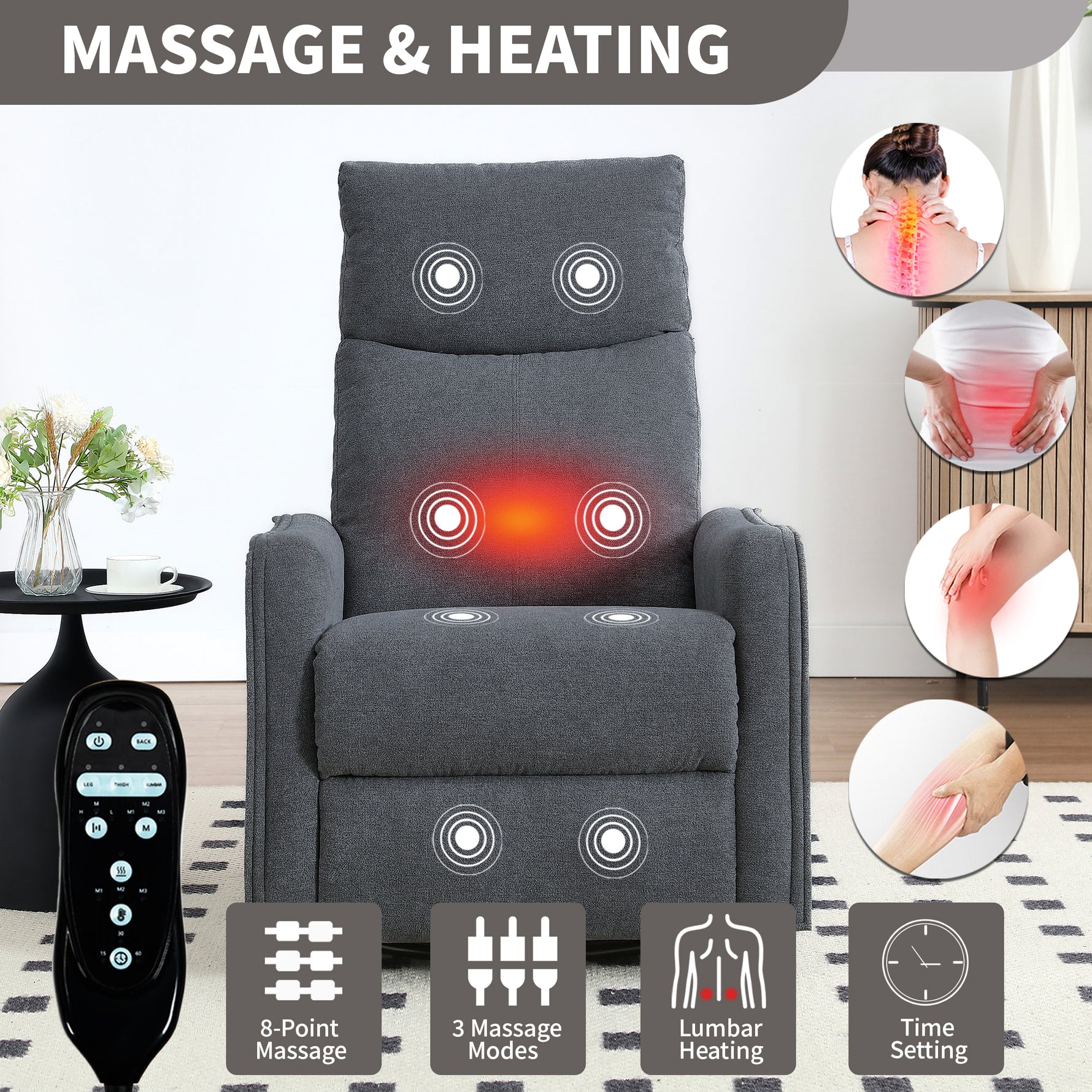 Heat Massage Manual Recliner Chair with Rocker and Swivel in Fabric for Living Room detail image 84