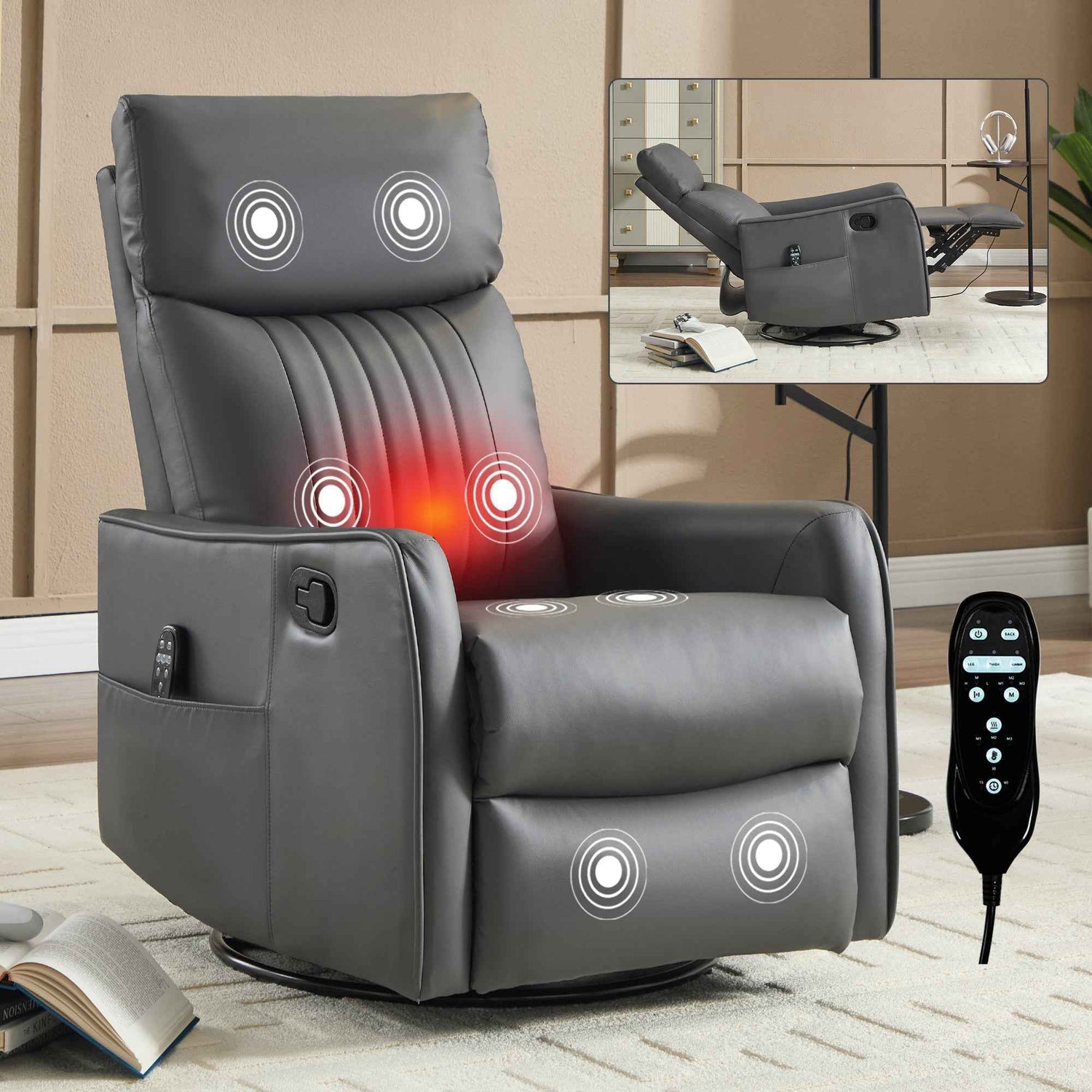 Faux Leather Heat & Massage Manual Rocker Swivel Recliner product image