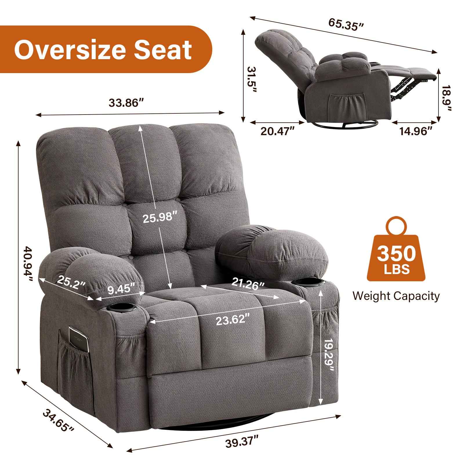 Massage Swivel Rocker Recliner Chair with Vibration, Lumbar Heating, Side Pocket detail image 23