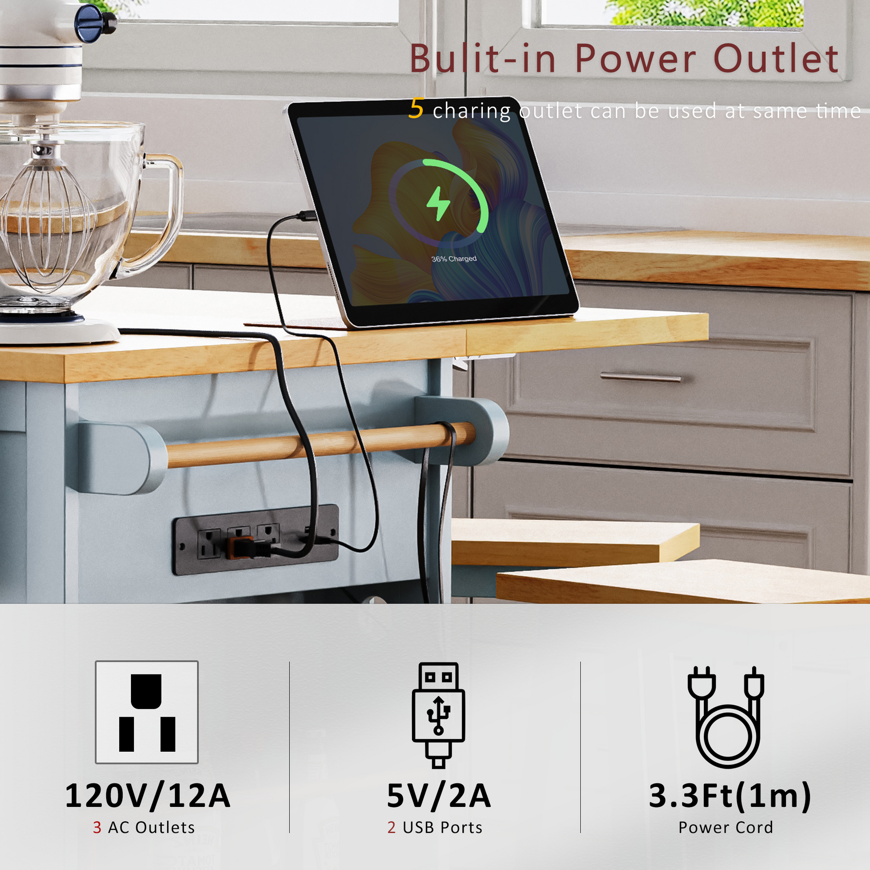 53 in. Farmhouse Kitchen Island with Power Outlet & Stools product view 65