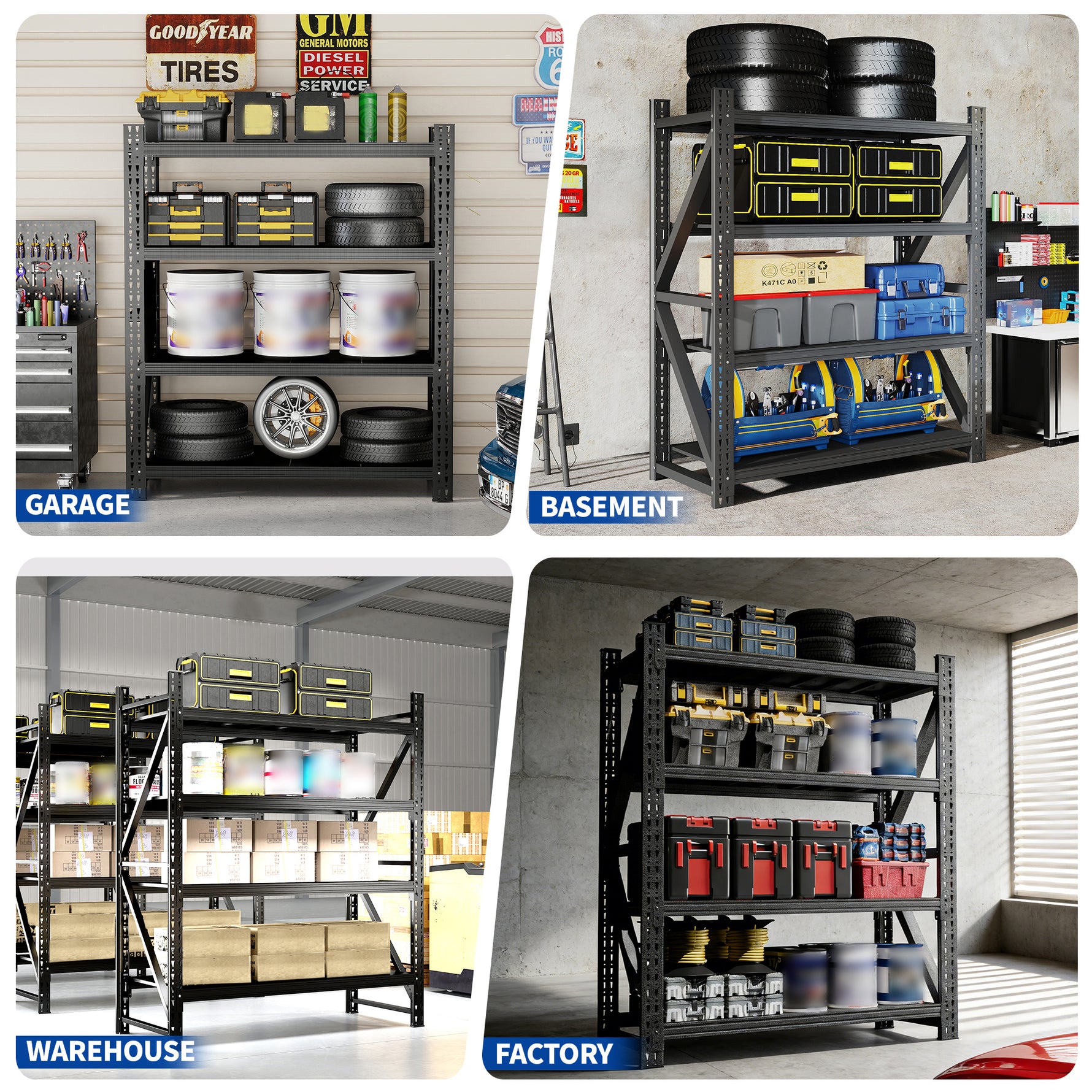 Heavy-Duty Adjustable Garage Shelving for Warehouse Storage for workshop, garage, storage, or utility use