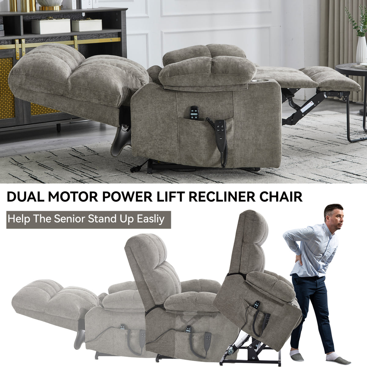 Chenille Dual-Motor Power Lift Recliner, 350 lb Capacity detail image 43
