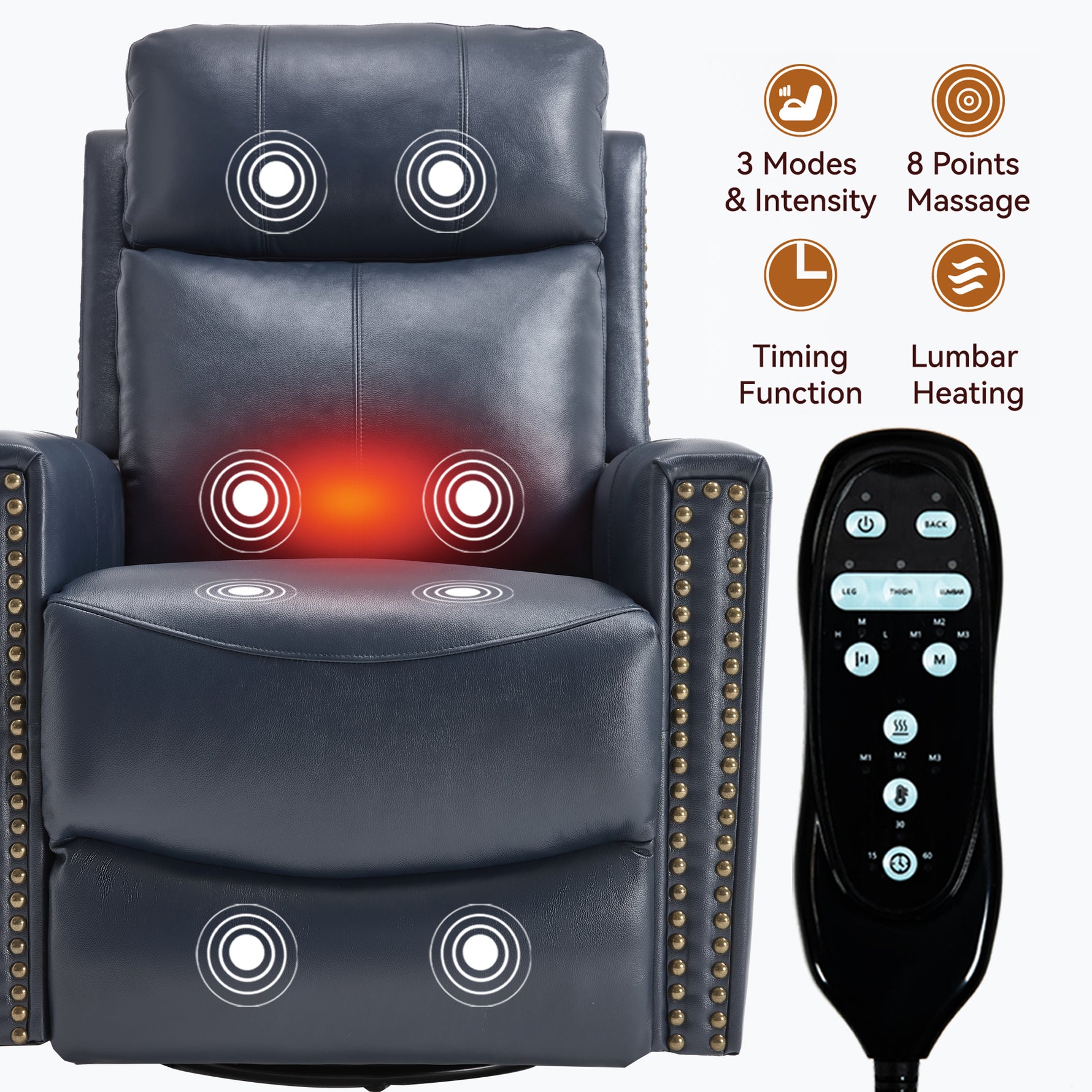 Genuine Leather Heat Massage Manual Recliner Chair with Rocker and Swivel for Living Room detail image 45