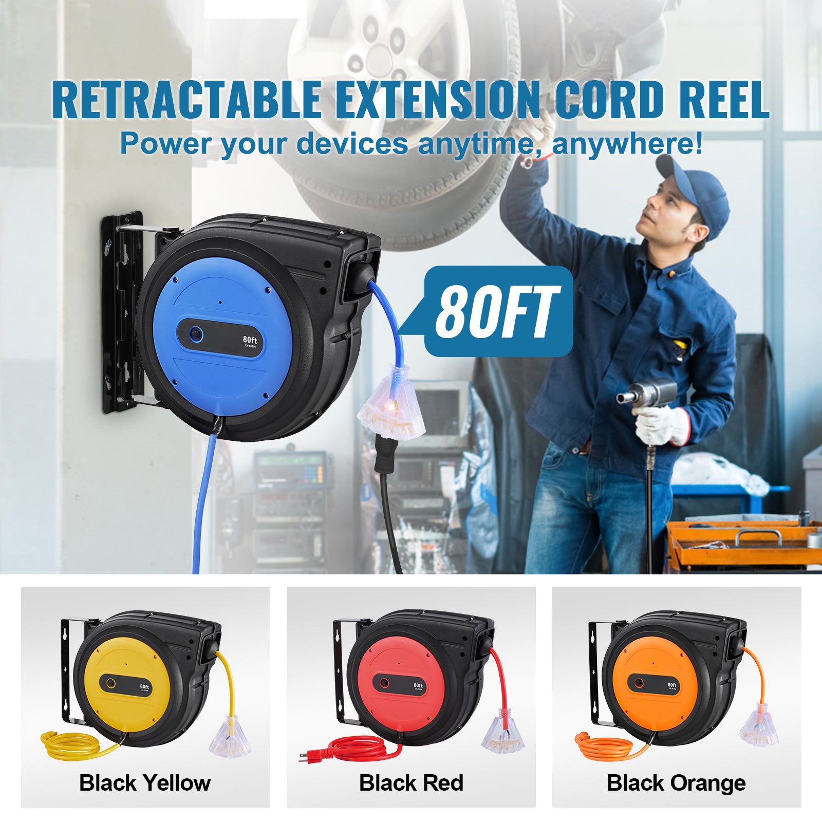 Retractable Heavy-Duty Extension Cord Reel with Triple-Tap Outlet for workshop, garage, storage, or utility use