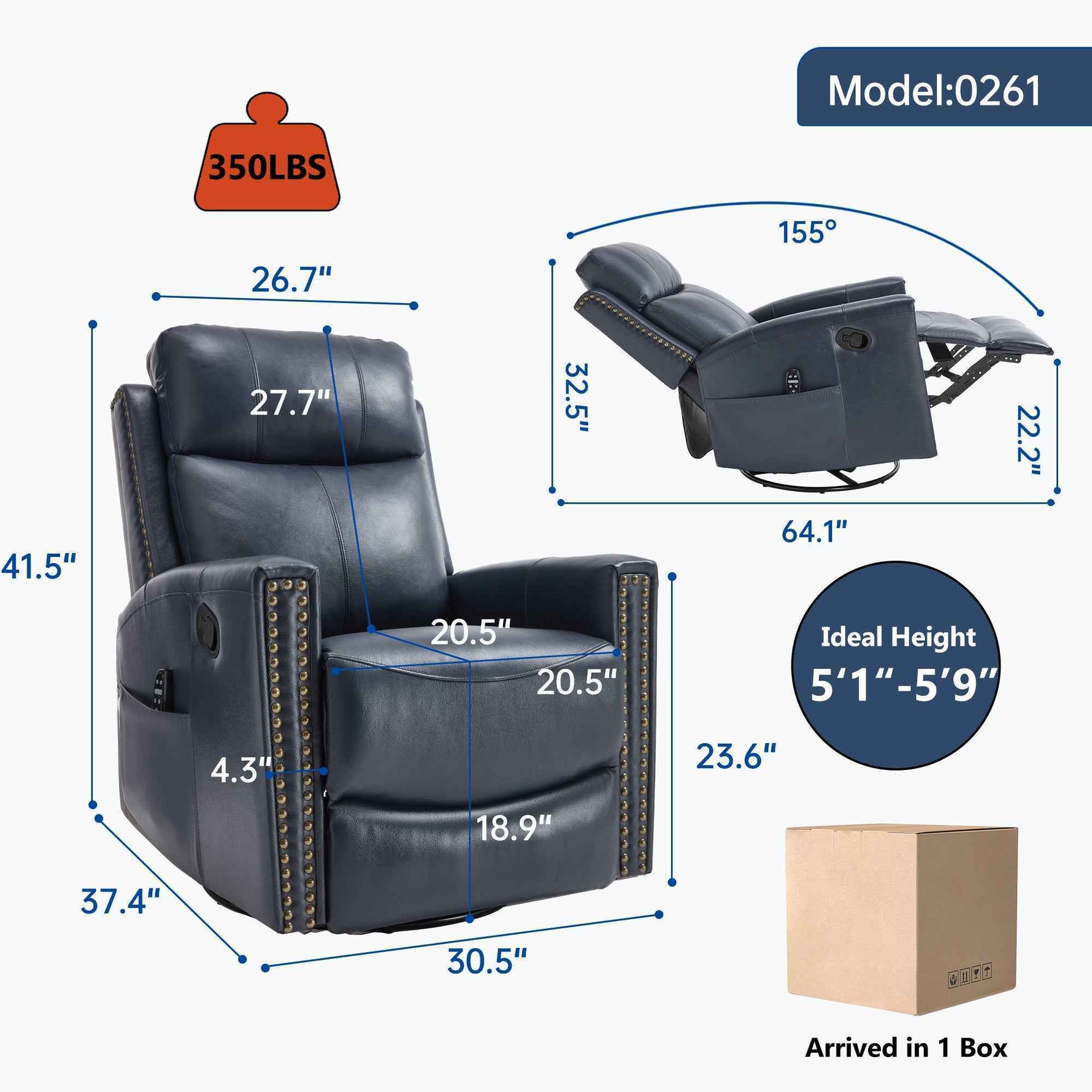 Genuine Leather Heat Massage Manual Recliner Chair with Rocker and Swivel for Living Room detail image 38