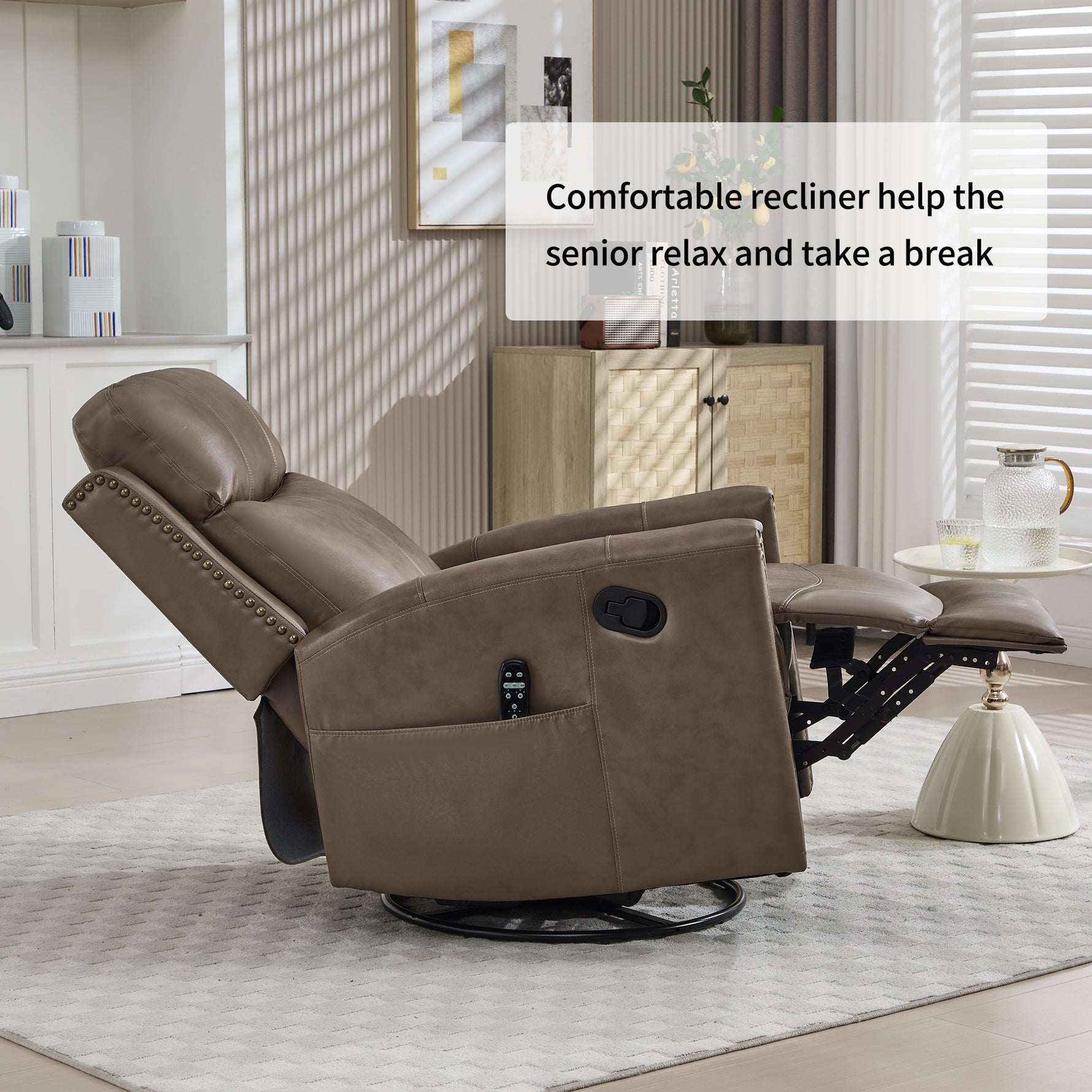 Genuine Leather Heat Massage Manual Recliner Chair with Rocker and Swivel for Living Room detail image 83