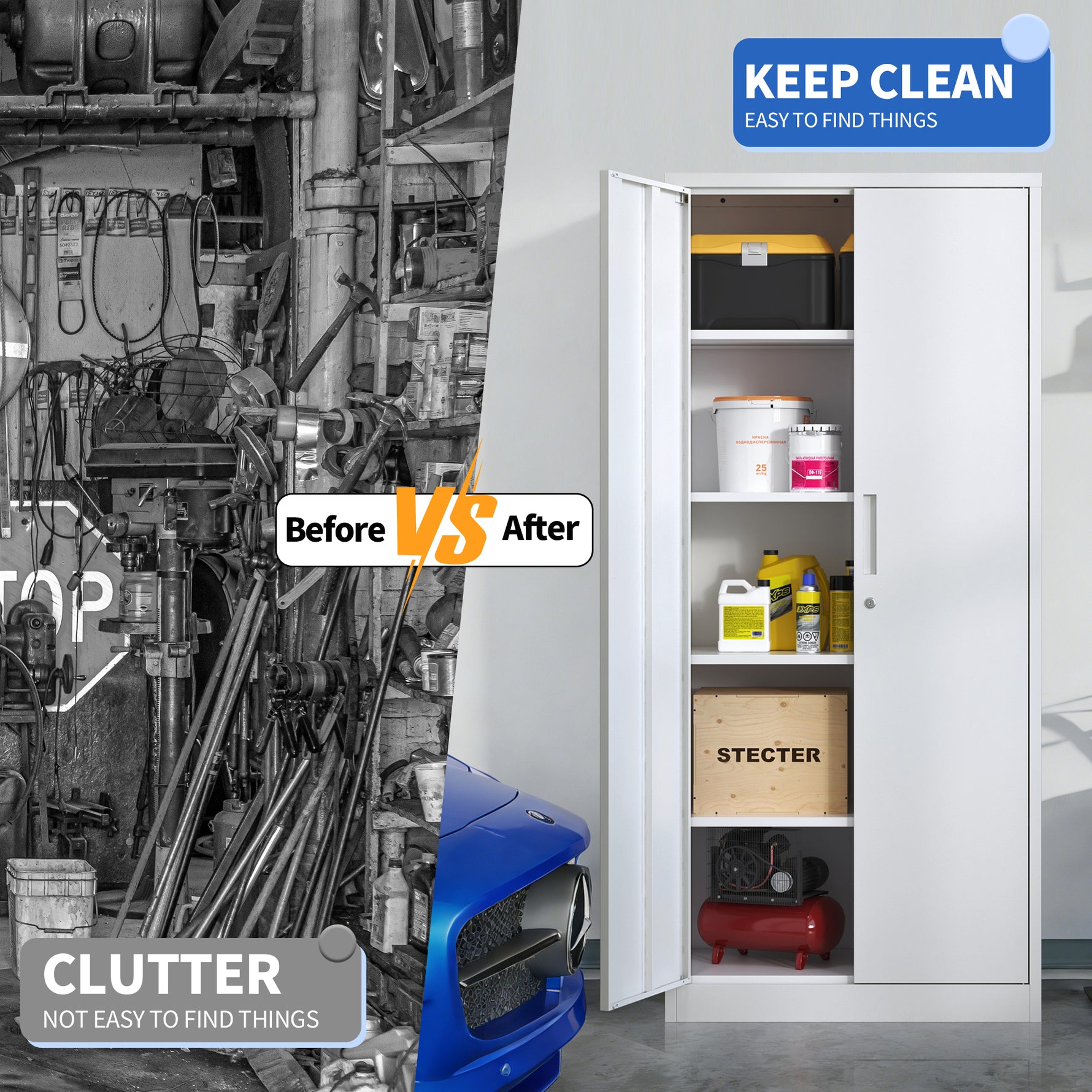 Locking Steel Garage Storage Cabinet with 4 Adjustable Shelves for workshop, garage, storage, or utility use
