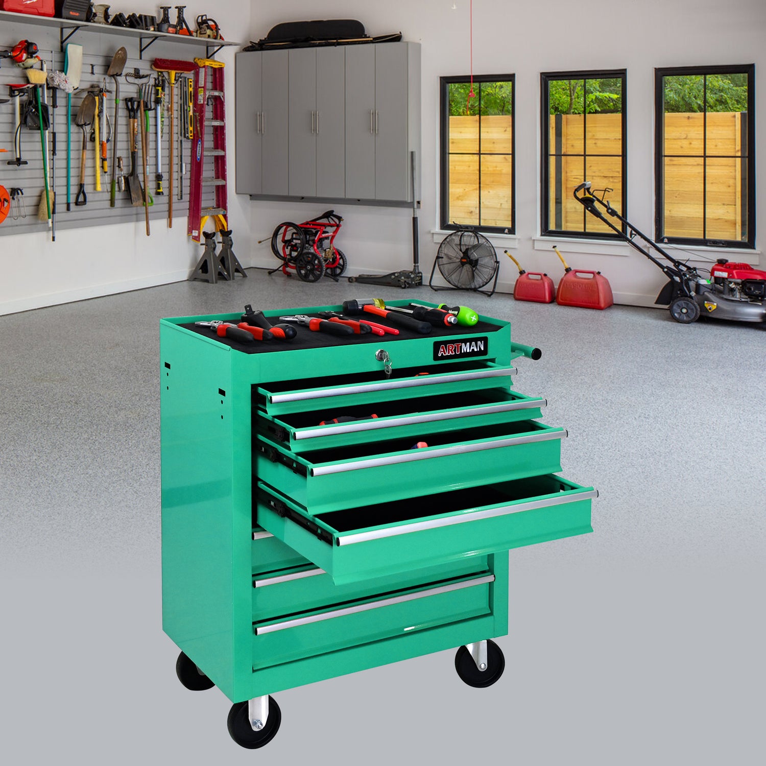 7-Drawer Multifunctional Tool Cart with Wheels - Green for workshop, garage, storage, or utility use