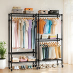 Heavy Duty Rolling Clothes Rack with 3 Tier Shelves, 2 Rails & Side Hooks for workshop, garage, storage, or utility use