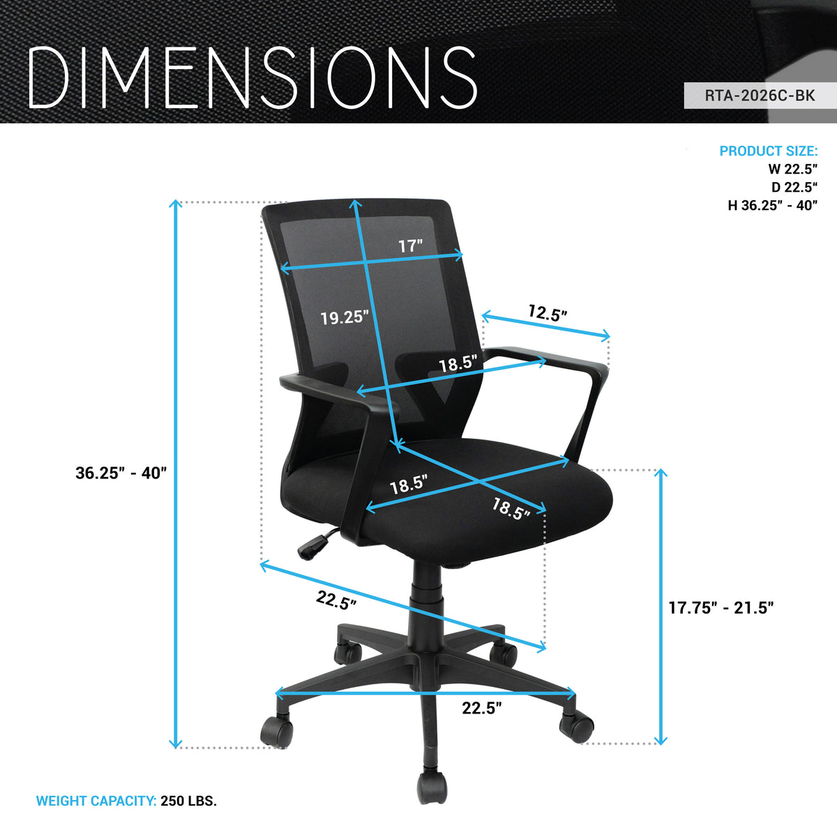 Techni Mobili Ergonomic Mesh Task Chair, Black for home office seating