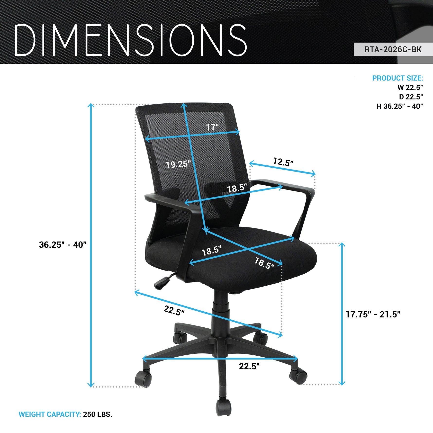 Techni Mobili Ergonomic Mesh Task Chair, Black for home office seating