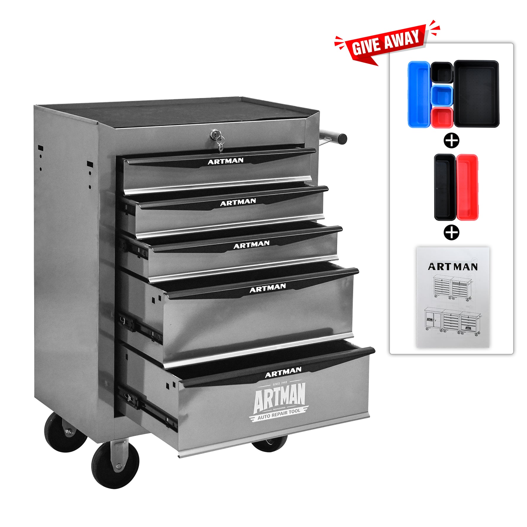Rolling 5-Drawer Steel Tool Chest with Stainless Steel Top for workshop, garage, storage, or utility use