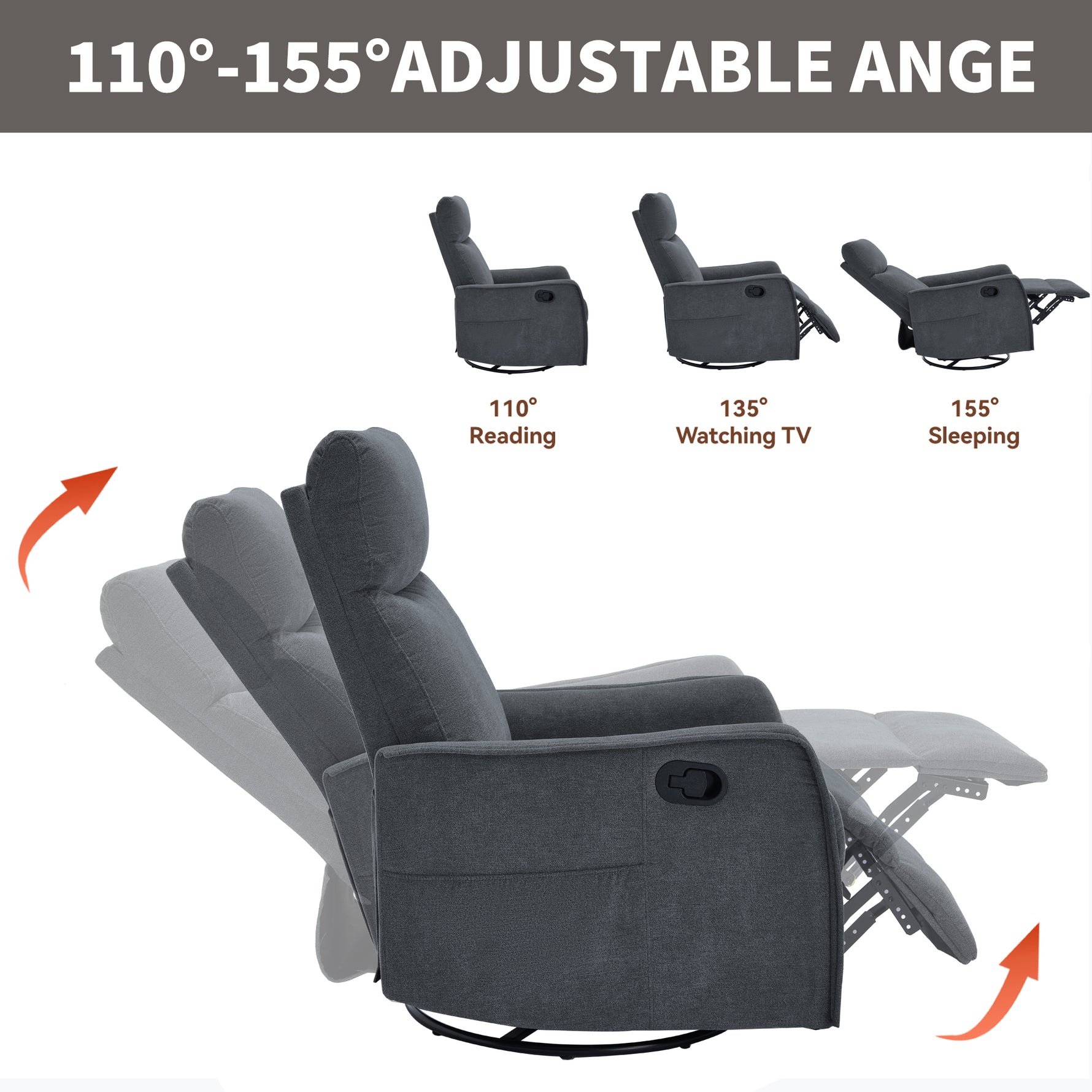 Heat Massage Manual Recliner Chair with Rocker and Swivel in Fabric for Living Room detail image 82