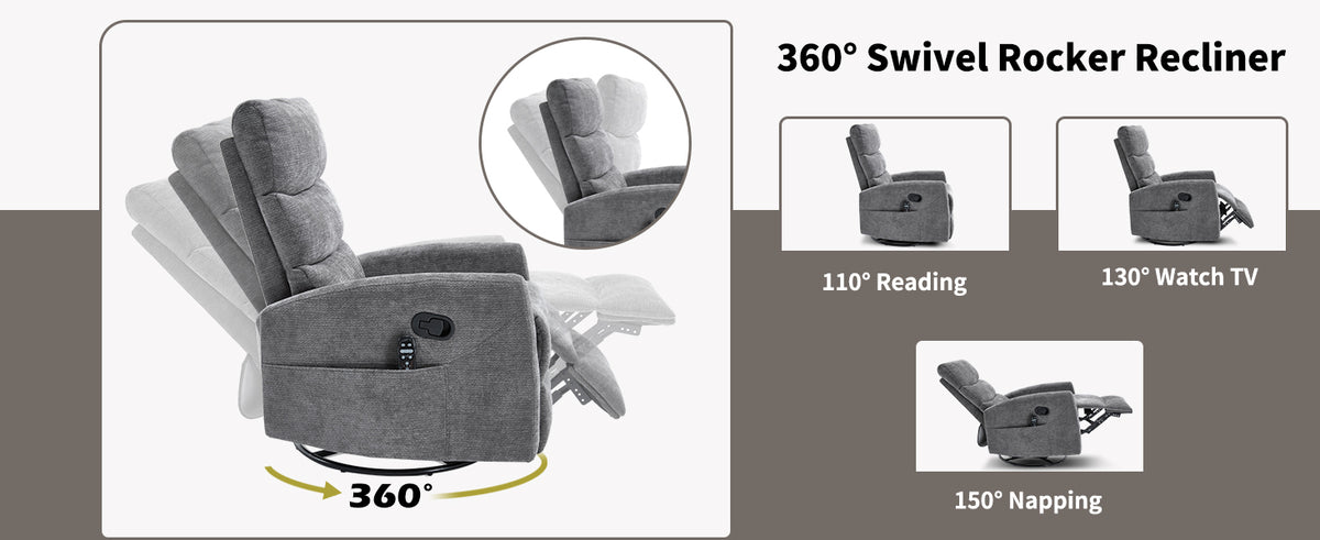 Heat Massage Manual Recliner Chair with Rocker and Swivel in Fabric for Living Room detail image 45